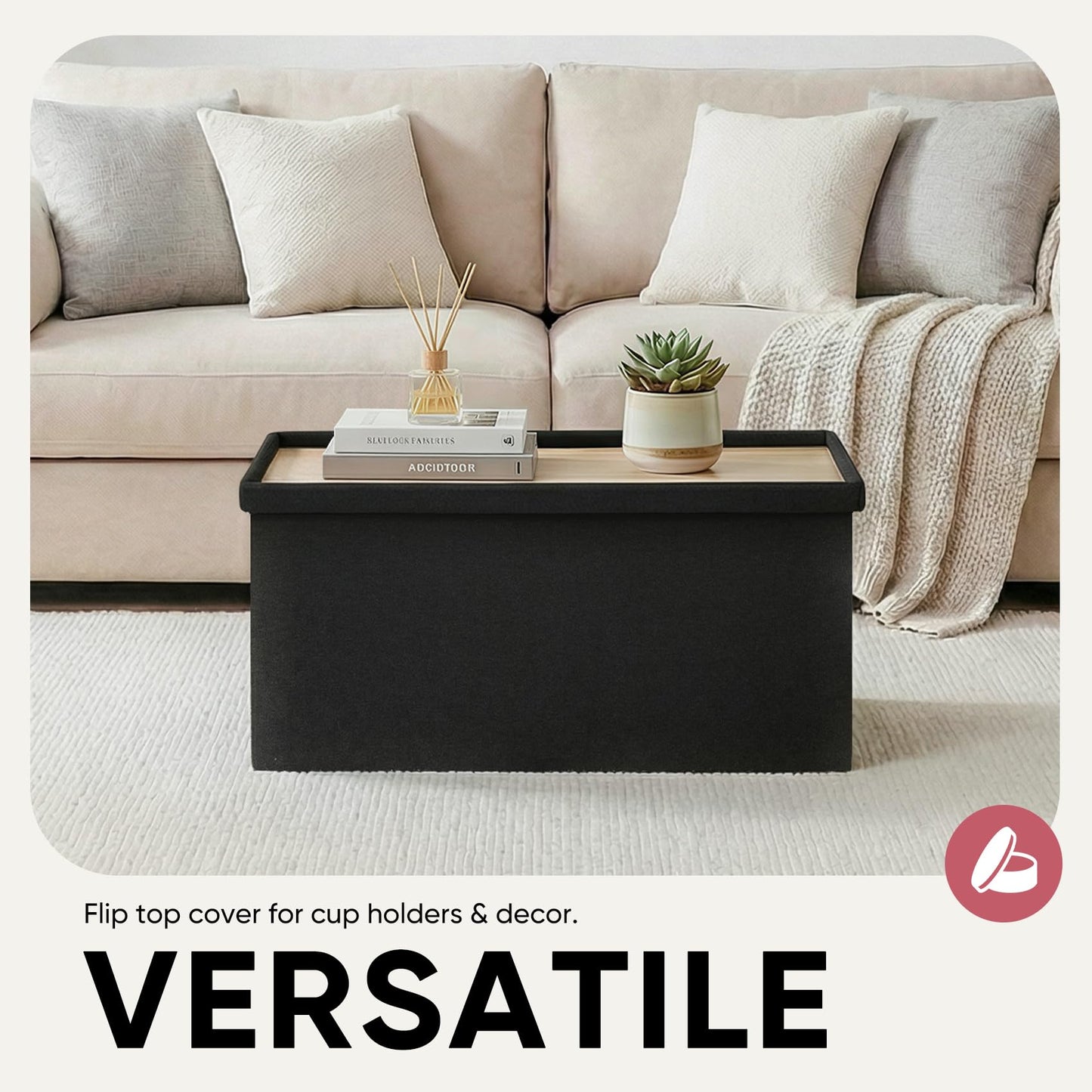 CAIPINFUL 30 Inch Folding Storage Ottoman with Reversible Lid Coffee Table, Linen Fabric Multi-Functional Foot Rest & Seat for Living Room, Bedroom-Black