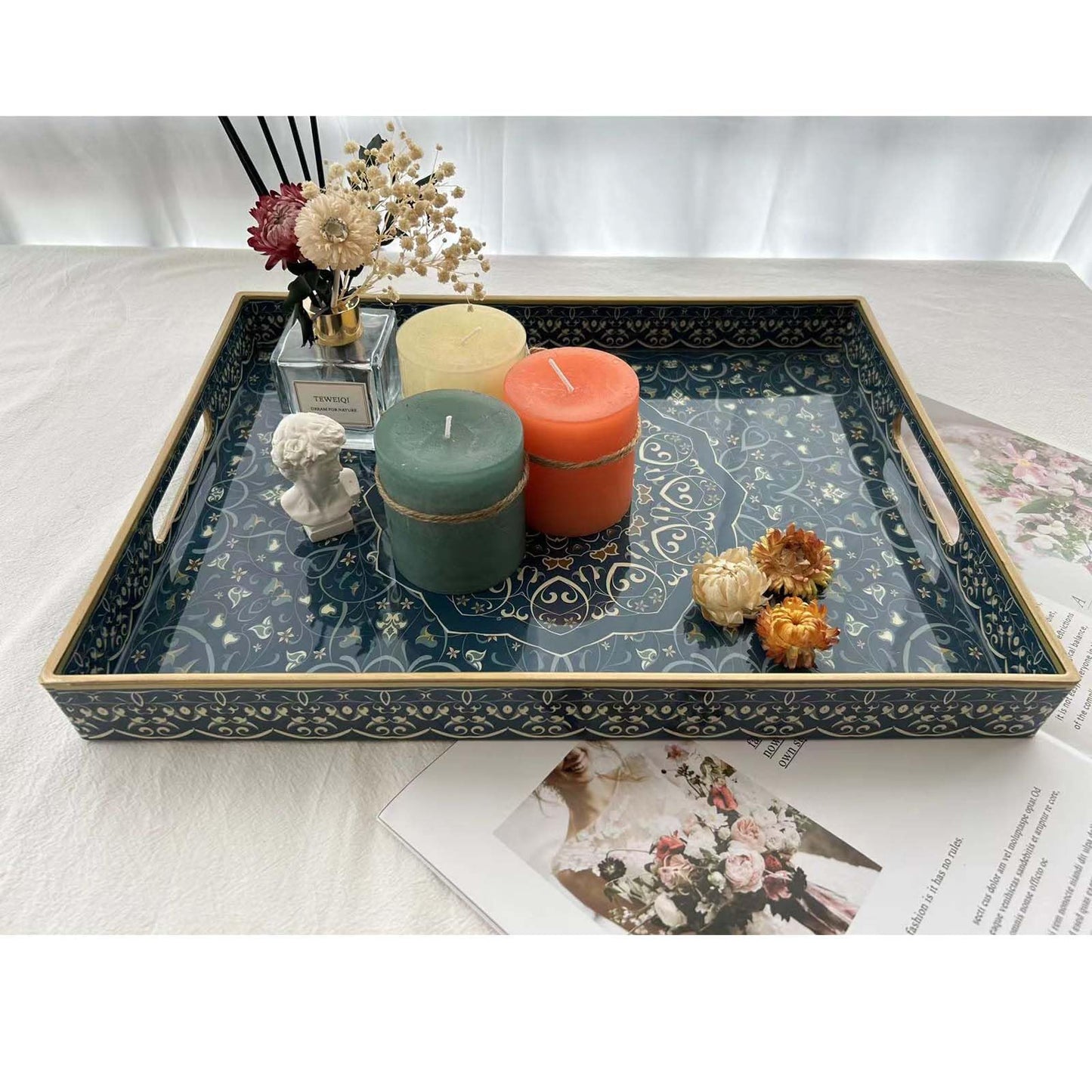 Fuukou Plastic Serving Tray with Handles,Large Ottoman Tray for Living Room,Large Rectangle Trays for Ottoman Coffee Table,Decorative Blue Boho Serving Trays for Home Decor,16" x 12"