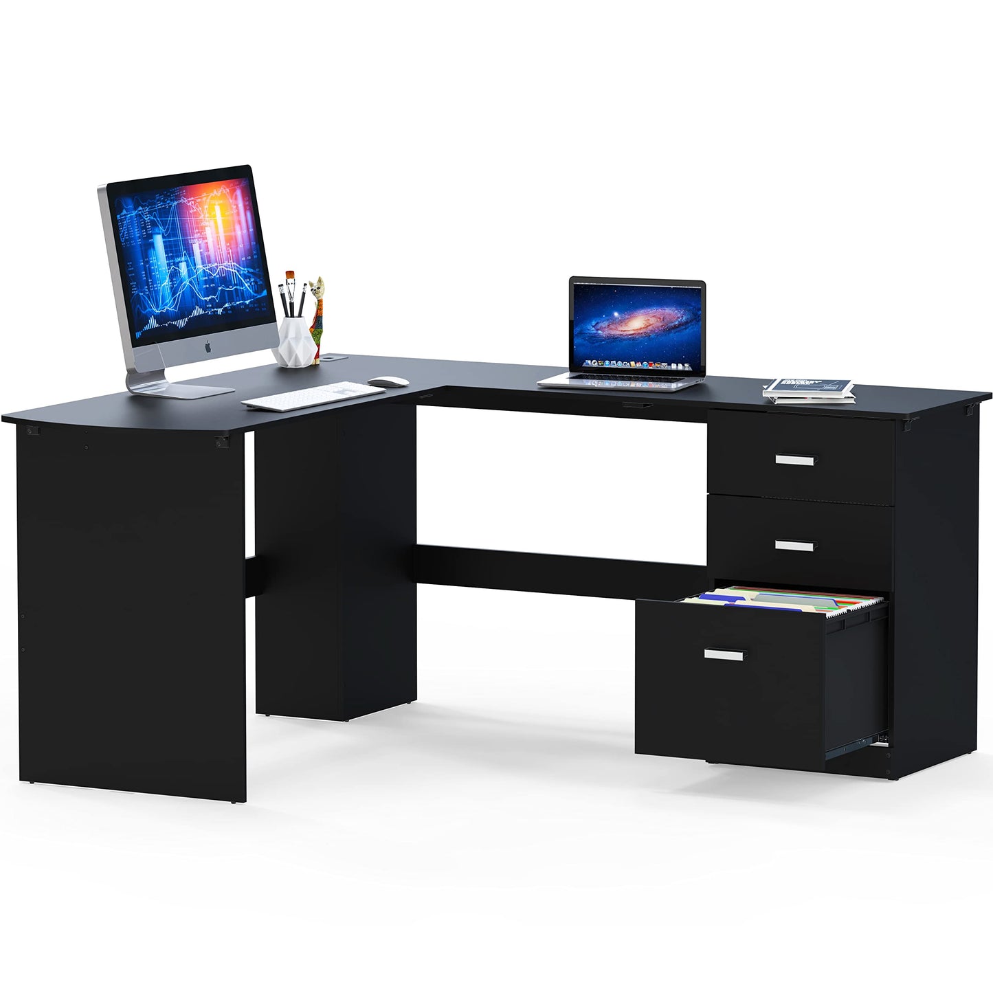 SHW 51 x 59 Inches L-Shaped Home Office Wood Corner Desk with Box Box File Drawers, Black