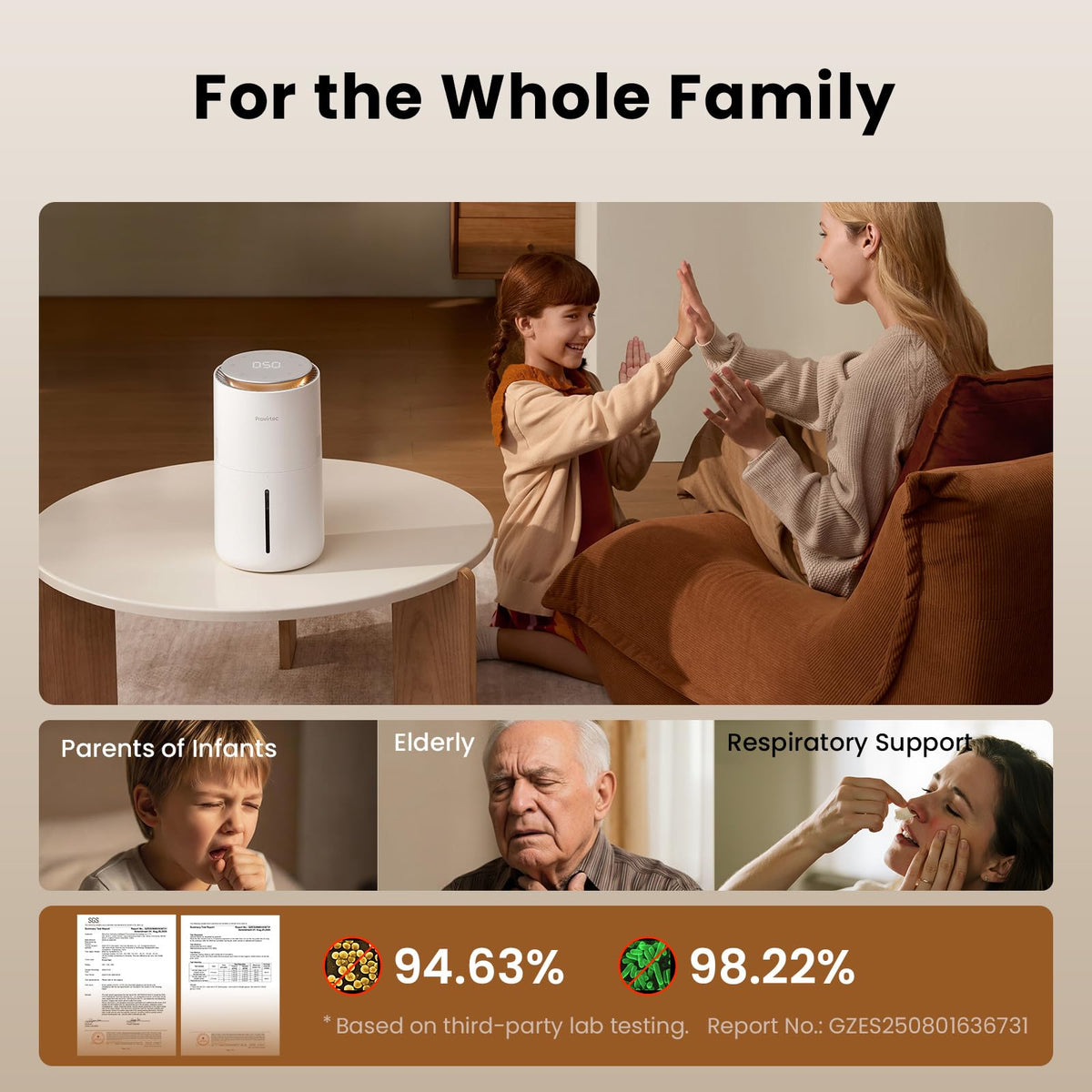 Provirtec MistFree Evaporative Humidifier for Bedroom, 3L No White Dust for Sensitive Individuals, Auto Humidity Control, Works with Tap Water, Night Light, Easy Clean Tank for Home & Small Room
