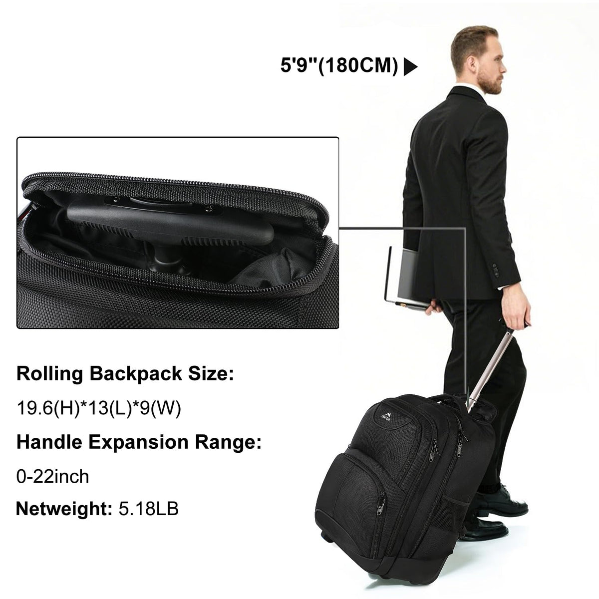MATEIN Rolling Backpack, 17 inch Water Resistant Wheeled Laptop Backpack, Carry on Luggage Business Bag, Overnight College Computer Bag Trolley Suitcase for Men Women Adults to Travel, Black