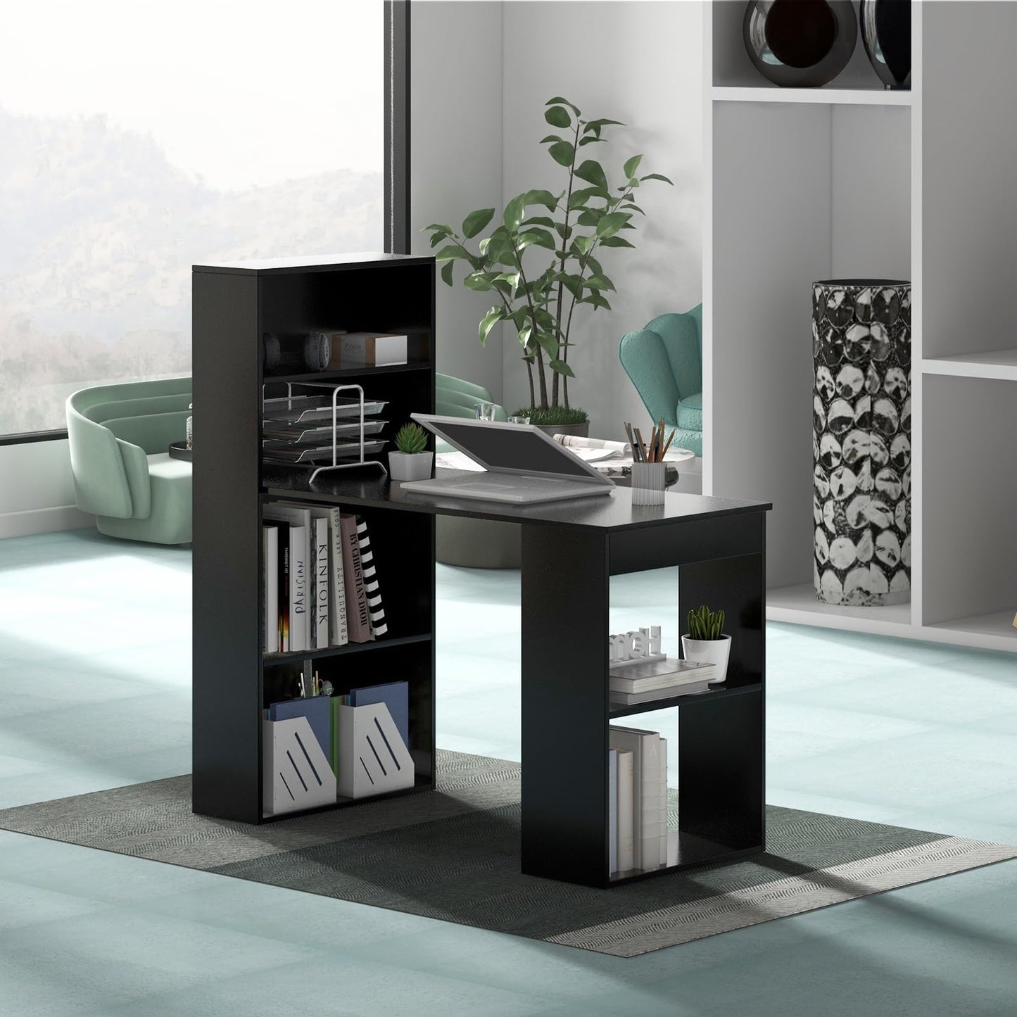 Giantex 48 Inch Computer Desk with Bookshelf, 3-in-1 Home Office Desk with 4-Tier Bookcase & CPU Stand, Space-Saving Reversible Writing Desk Work Table for Bedroom, Study Room, Office (Black)