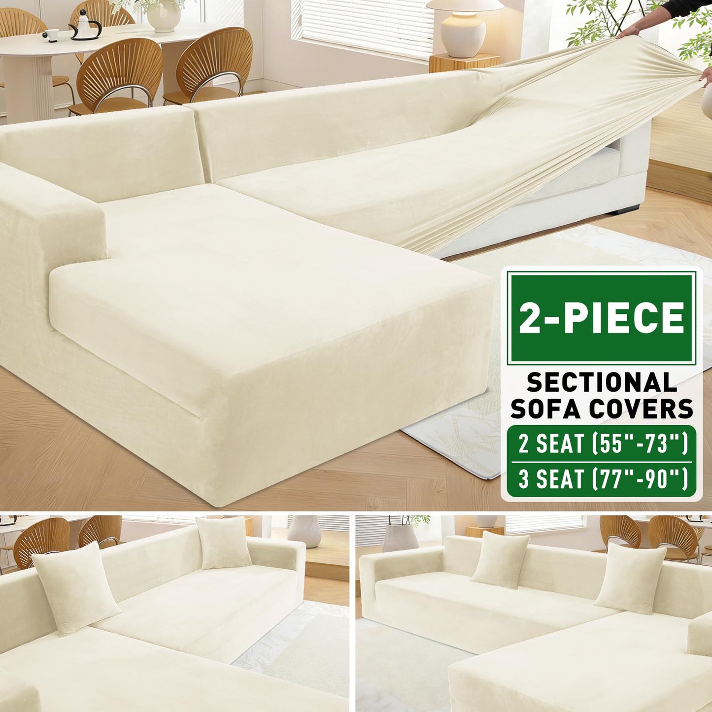 ZNSAYOTX 2026 Soft Velvet Sectional Couch Covers, Luxury Plush Slipcovers with Elastic Bottom for L Shape Sectional Sofa, 2 Pcs Pet Friendly Protector (3 Seat Couch + 2 Seat Chaise, Beige)