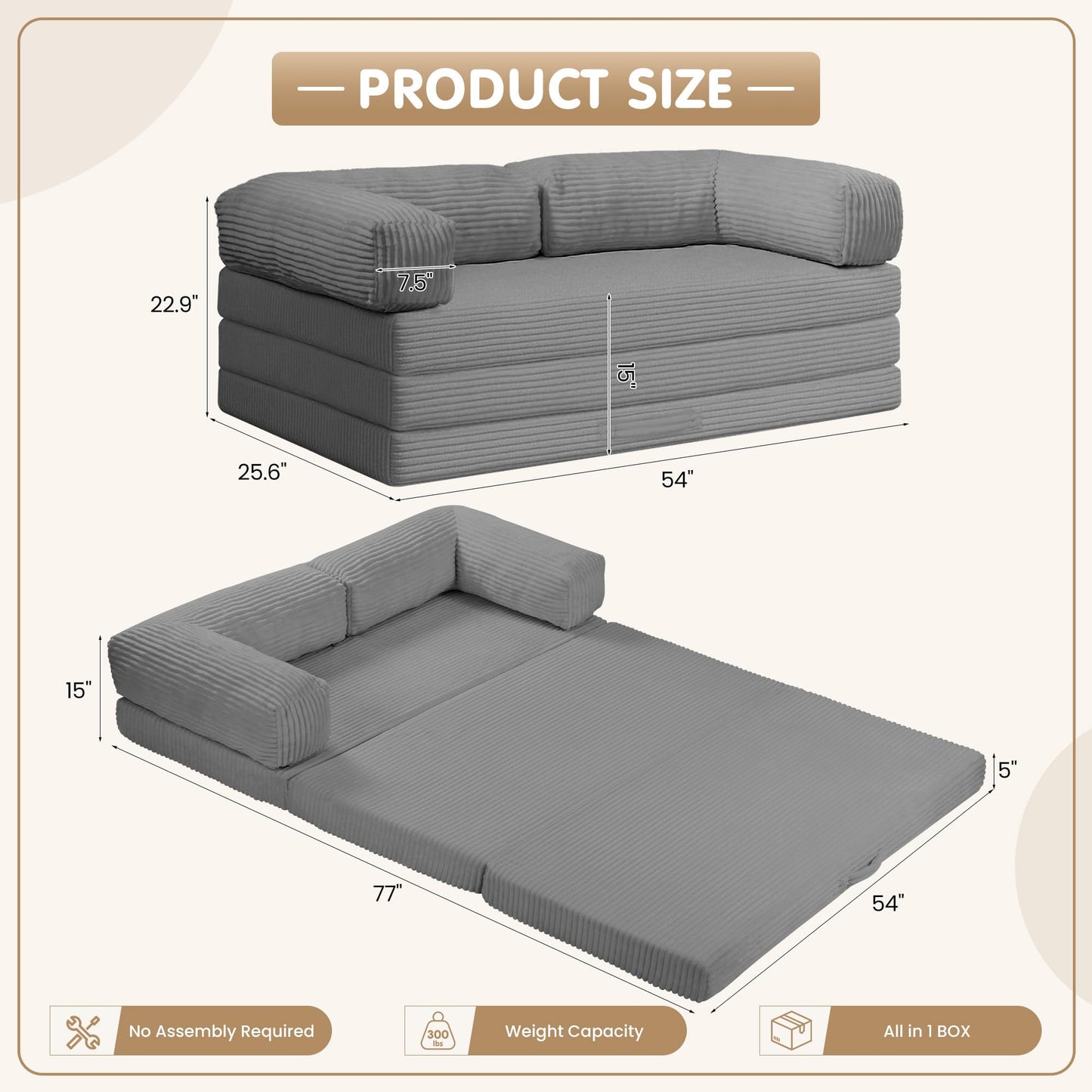 5-in-1 Convertible Sofa Bed,54" Boneless Couch Tri Folding Floor Mattress with Removable L-Shaped Armrests & Handle,Corduroy Futon Couch Sleeper with Pull Out Bed for Living Room Bedroom Apartment
