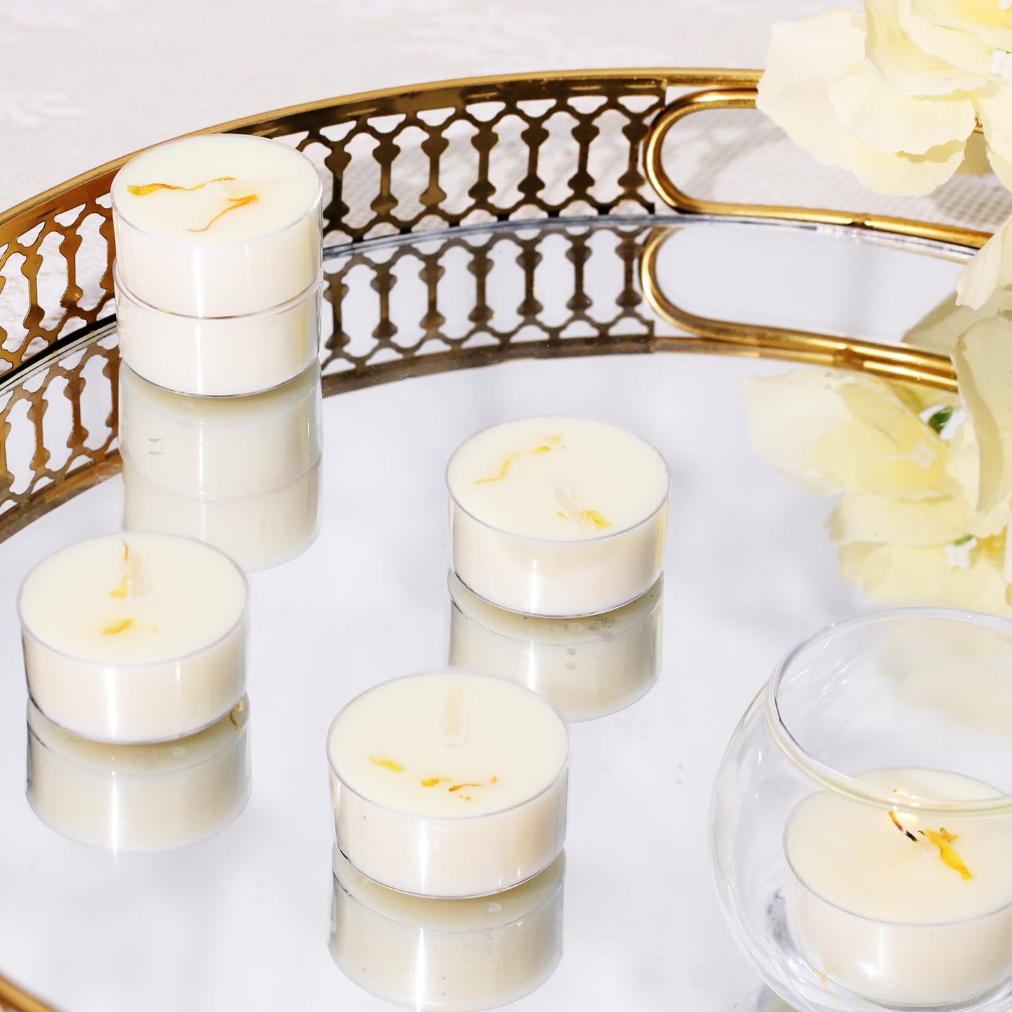 16Pcs Vanilla Scented Tealight Candles, Palm Wax White Tea Lights, 4h Long Burning Tea Light Candles with Dried Flowers for Holiday, Wedding, Spa, and Home Decoration