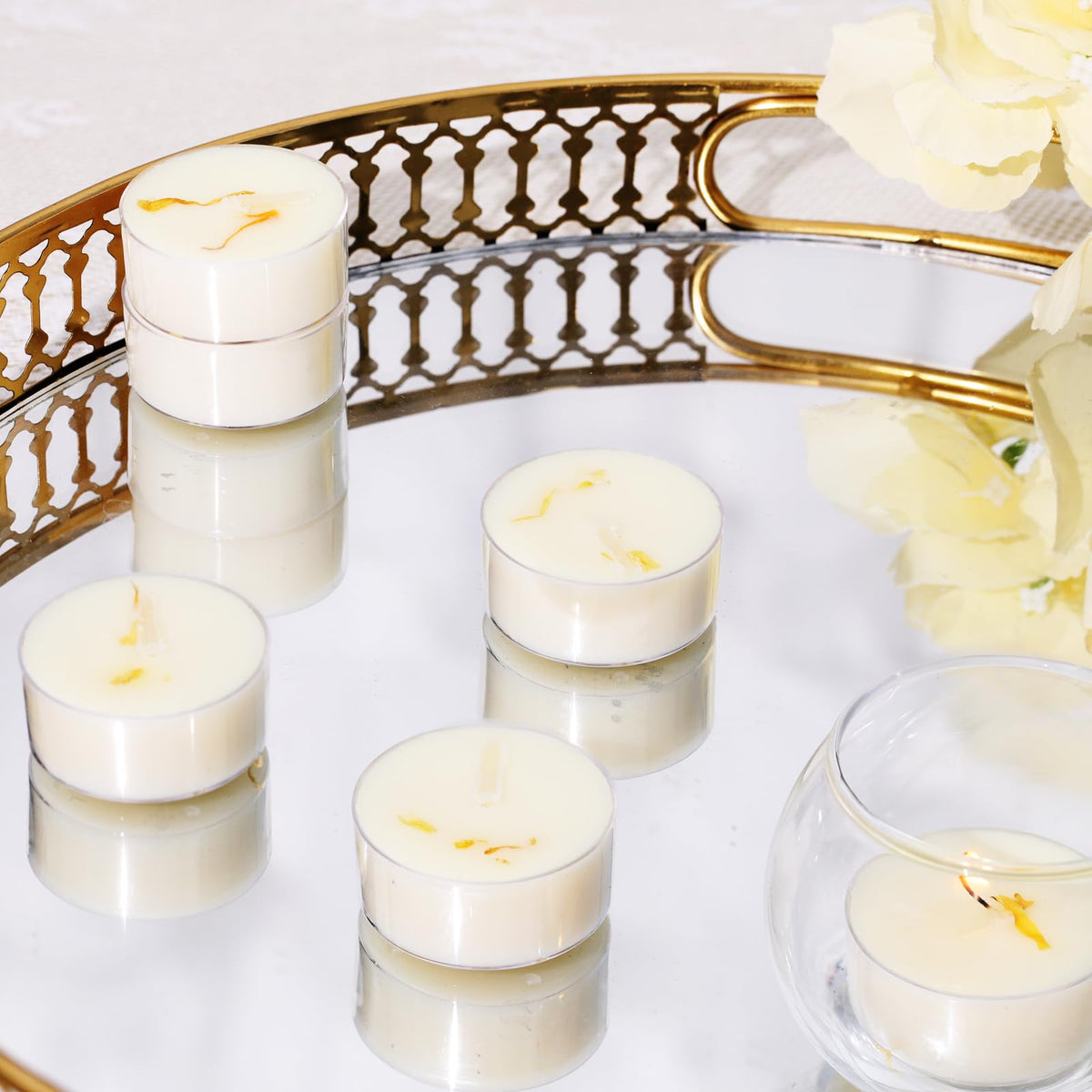 48Pcs Vanilla Scented Tealight Candles, Palm Wax White Tea Lights, 4h Long Burning Tea Light Candles with Dried Flowers for Holiday, Wedding, Spa, and Home Decoration