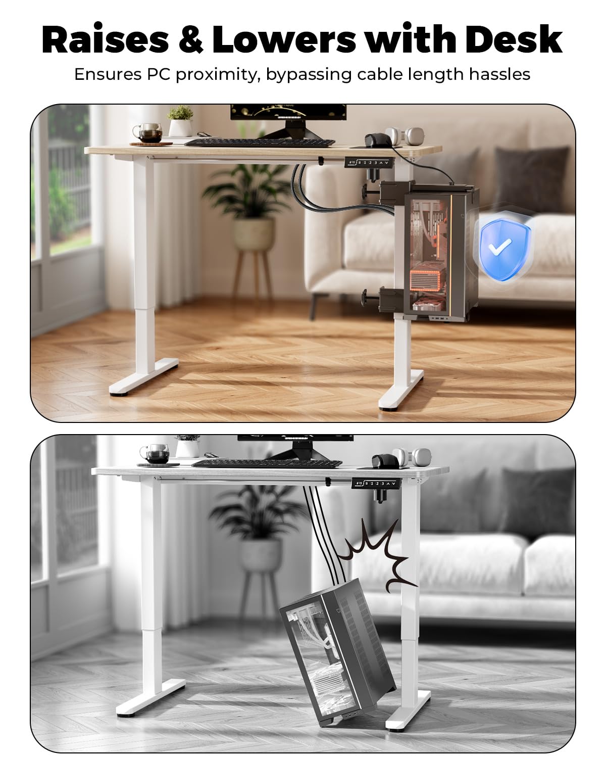 JOY worker No Drilling Under Desk PC Mount for Standing Desk, Clamp-On Desk Leg Computer Mount with Extra Protective Arms, Adjustable Computer Case CPU Holder Holds Up to 44lbs, Black