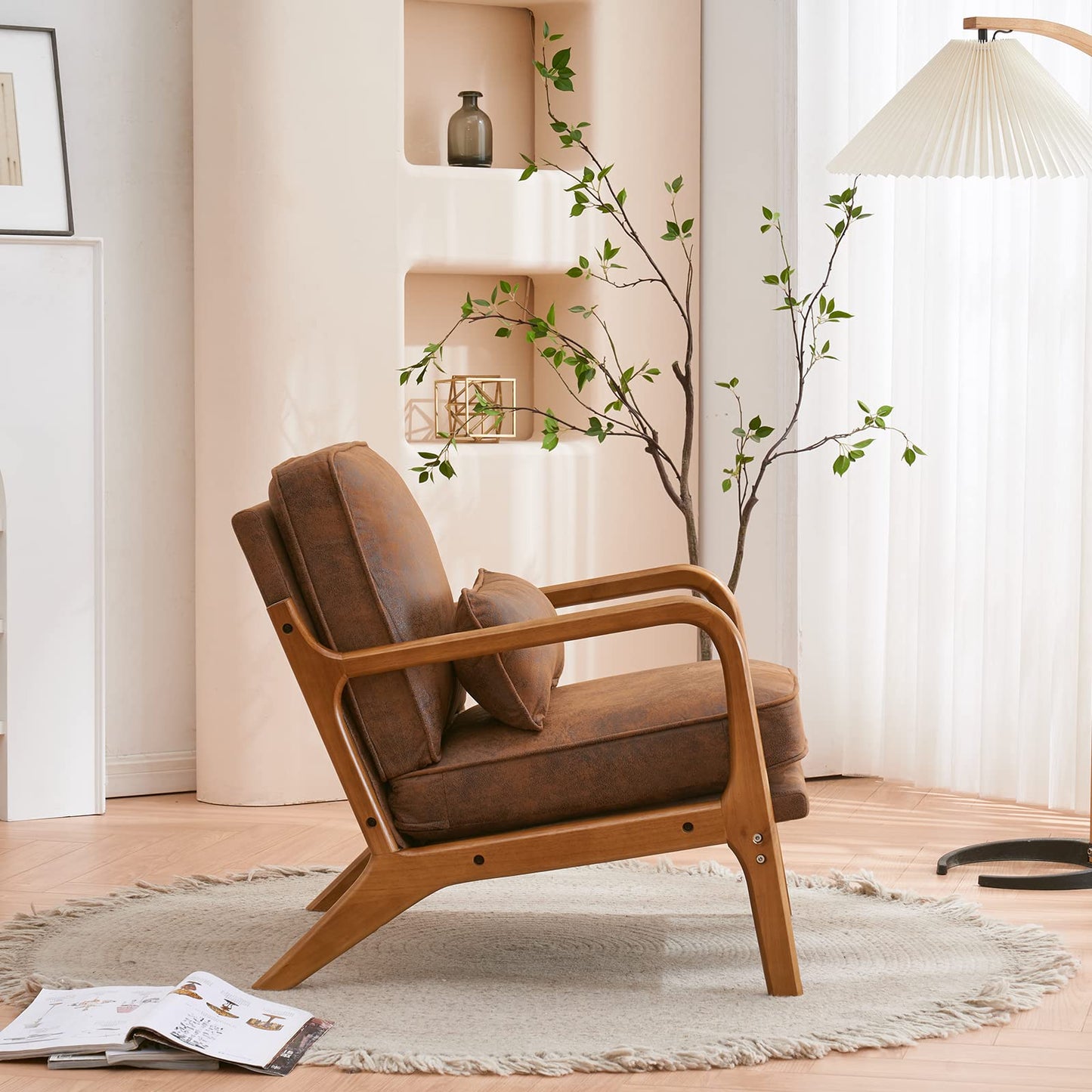 Karl home Accent Chair Mid-Century Modern Chair with Pillow Bronzing Cloth Upholstered Lounge Arm Chair with Solid Wood Frame & Soft Cushion for Living Room, Bedroom, Balcony, Brown