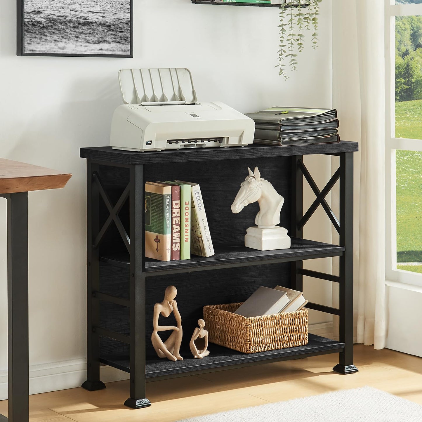 HOMBAZAAR 3-Tier Small Bookshelf, 35.4 Inch Short Book Shelf with Sturdy Metal Frame & Wood Shelves, Black Industrial Bookcase for Living Room, Bedroom, Office
