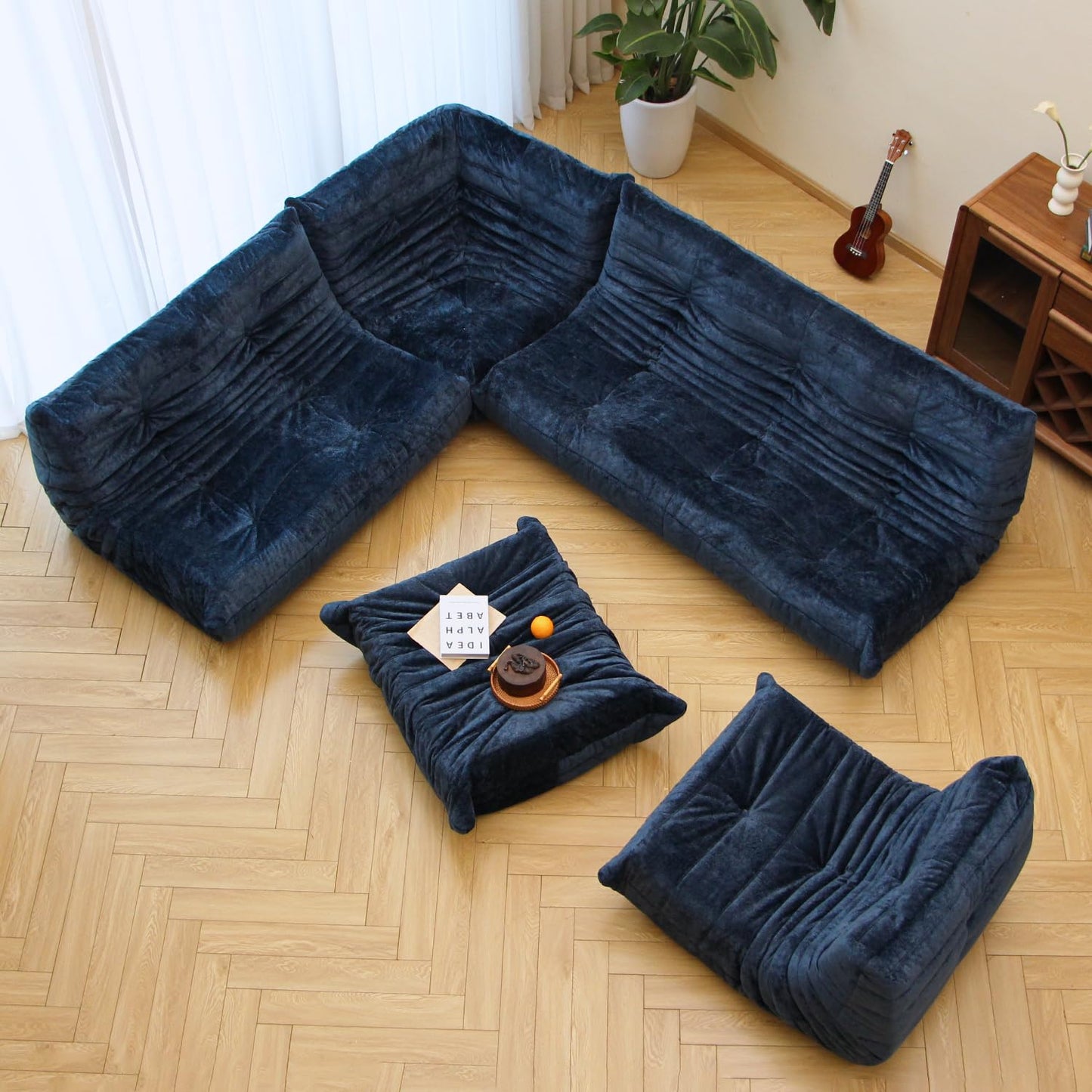 N&V Fireside Chair, Mid Century Armless Floor Sofa, Soft Premium Chenille Floor Lounge Chair, Foam Sofa Accent Chair for Living Room Bedroom and Office (Blue, Loveseat)