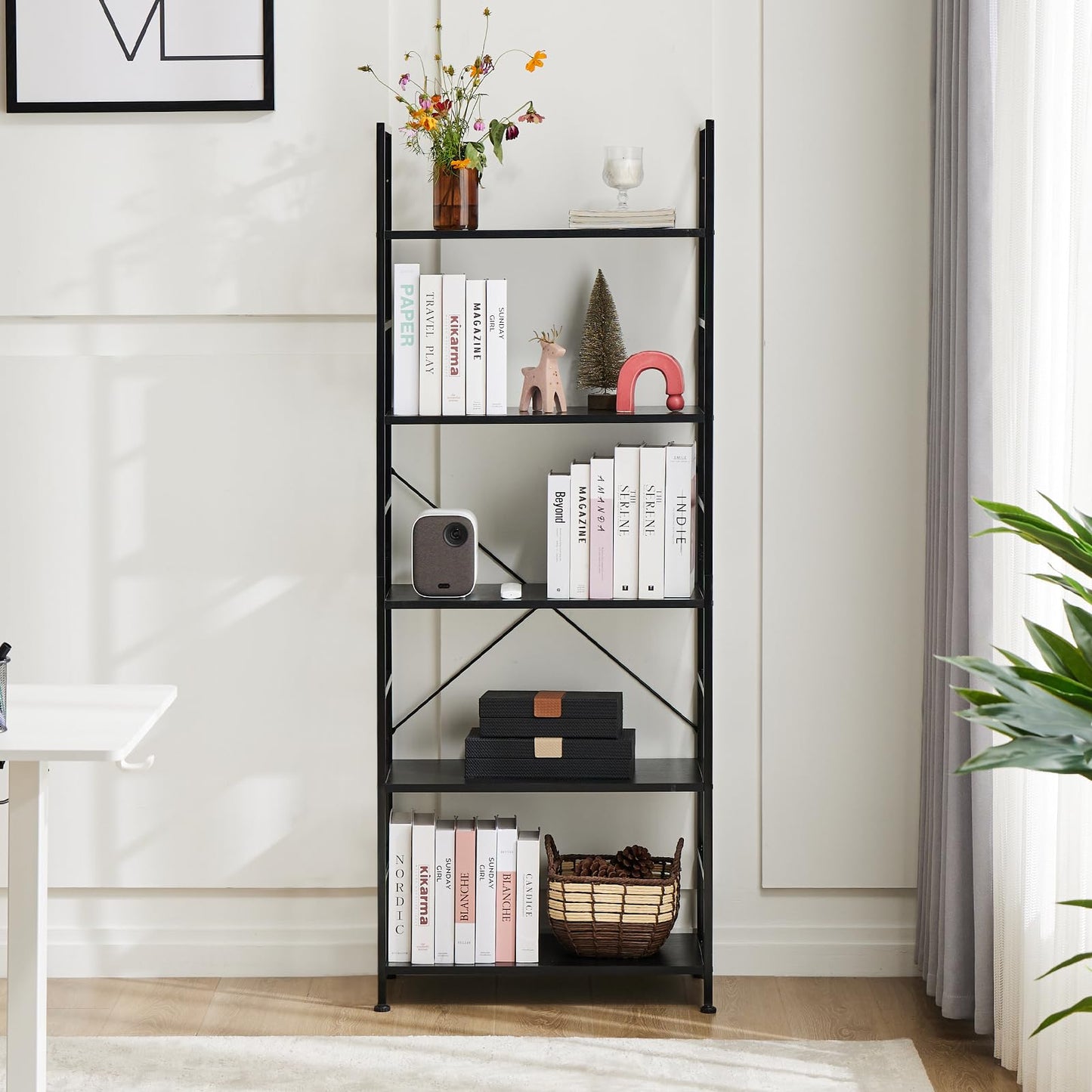 DUMOS 5 Tiers Open Bookshelf, Classic Freestanding Tall Display Shelf, Multifunctional Storage Organizer Rack for Living Room Home Office, Sturdy Bookcase for CDs/Books/Movies, Modern Black