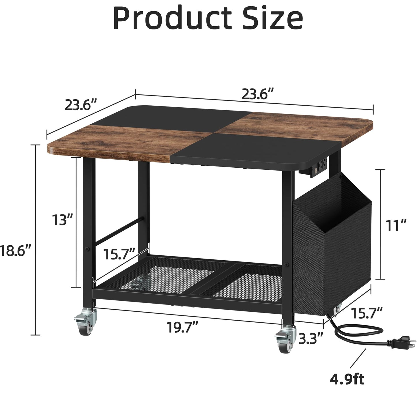 YAOHUOO 23.6"×23.6" Large Printer Stand with Power Outlet, Printer Table with Storage Side Pocket, Heavy Duty Rolling Cart for Home Office 3D Printer/Laser/Heat Press Table, Rustic Brown
