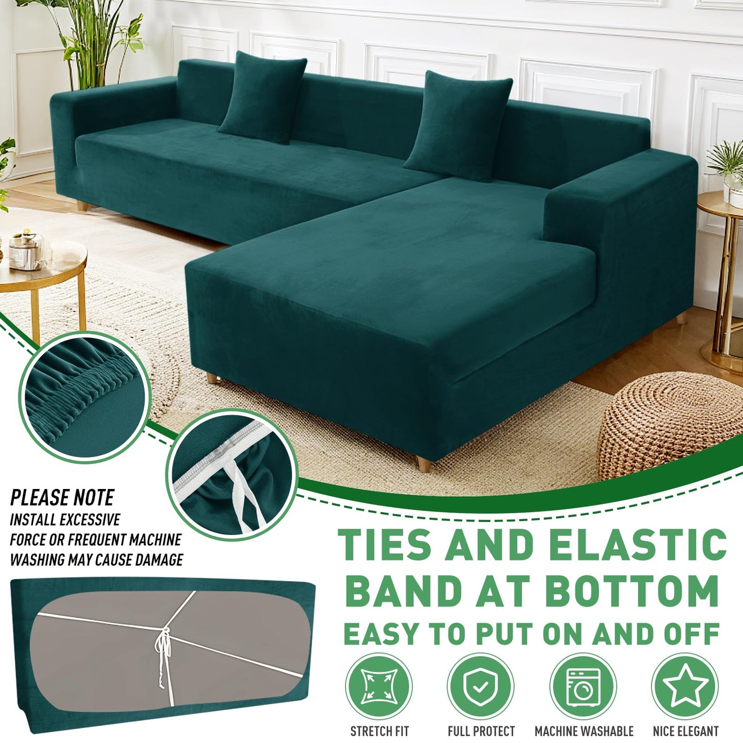 ZNSAYOTX 2026 Soft Velvet Sectional Couch Covers, Luxury Plush Slipcovers with Elastic Bottom for L Shape Sectional Sofa, 2 Pcs Pet Friendly Protector (3 Seat Couch + 2 Seat Chaise, Deep Teal)