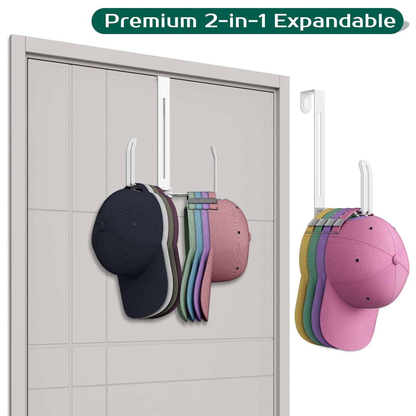 RHAXION Over The Door Hat Organizer - Premium 2-in-1 Expandable Hat Hanger with Rotating Hooks for Baseball Caps - Heavy Duty Hat Rack for Closet Bedroom Travel, Space Saving, No Drilling - White