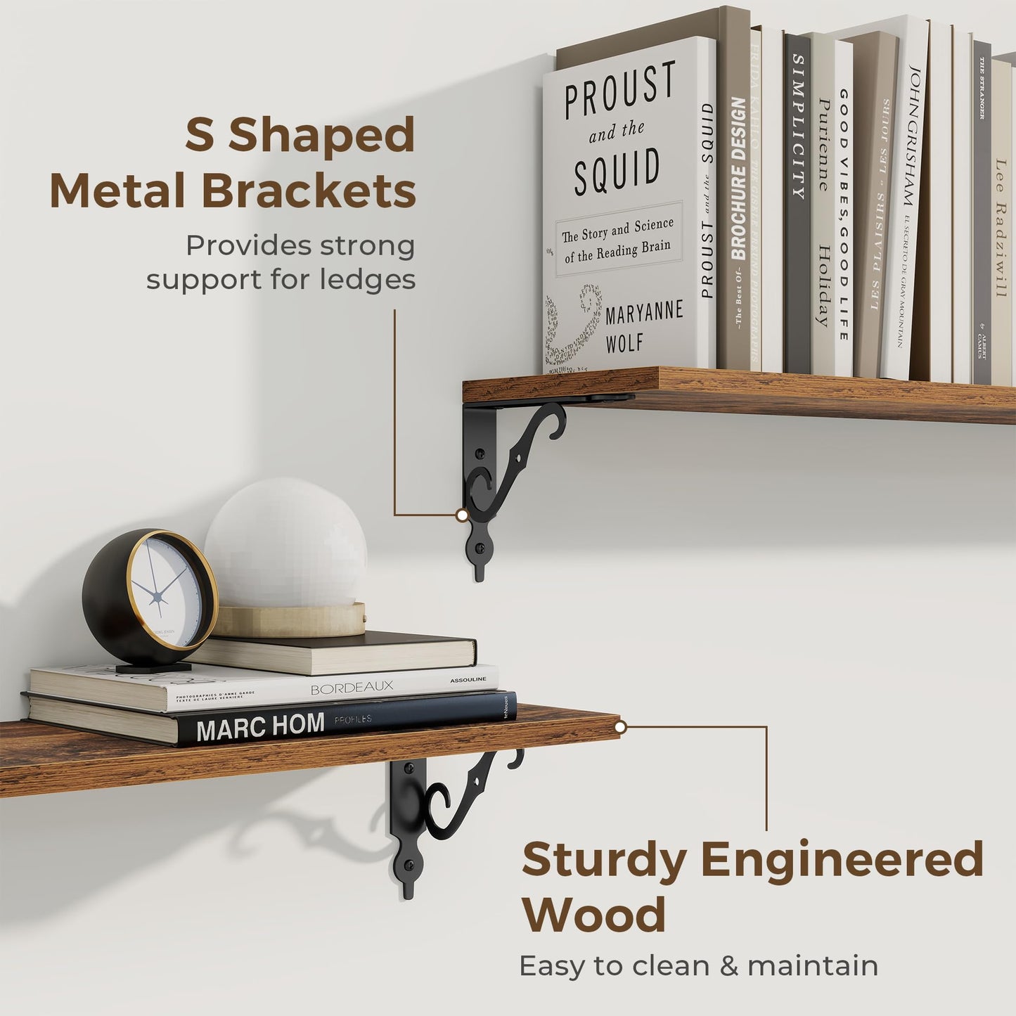 RICHFOCUS Floating Shelves for Wall Decor, 8 Inch Deep Floating Shelves Set of 2, 16W x 8D Shelves Wall Mounted with Metal Brackets, Wood Shelves for Living Room Bedroom Kitchen, Rustic Brown