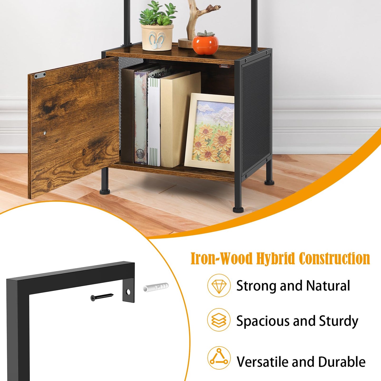 Vrisa 4 Tier Ladder Bookshelf with Drawers Wall Mounted Storage Shelves Wooden Ladder Shelf with Cabinet Display Bookcase for Living Room Bedroom Home Office Kitchen Brown