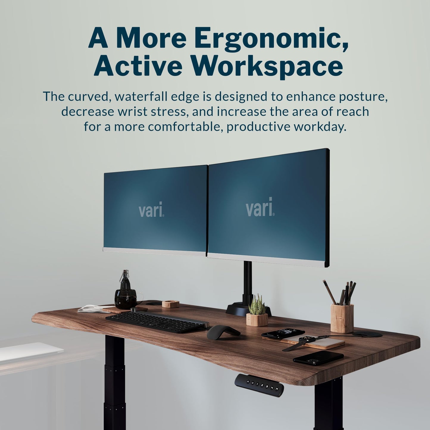 Vari Ergo 54x26 Electric Standing Desk + Height Adjustable Sit-Stand Desk + Curved Waterfall Edge, 4 Memory Settings, Quick Assembly, Cable Management, 200 lb Capacity – Walnut/Black (2 Boxes)