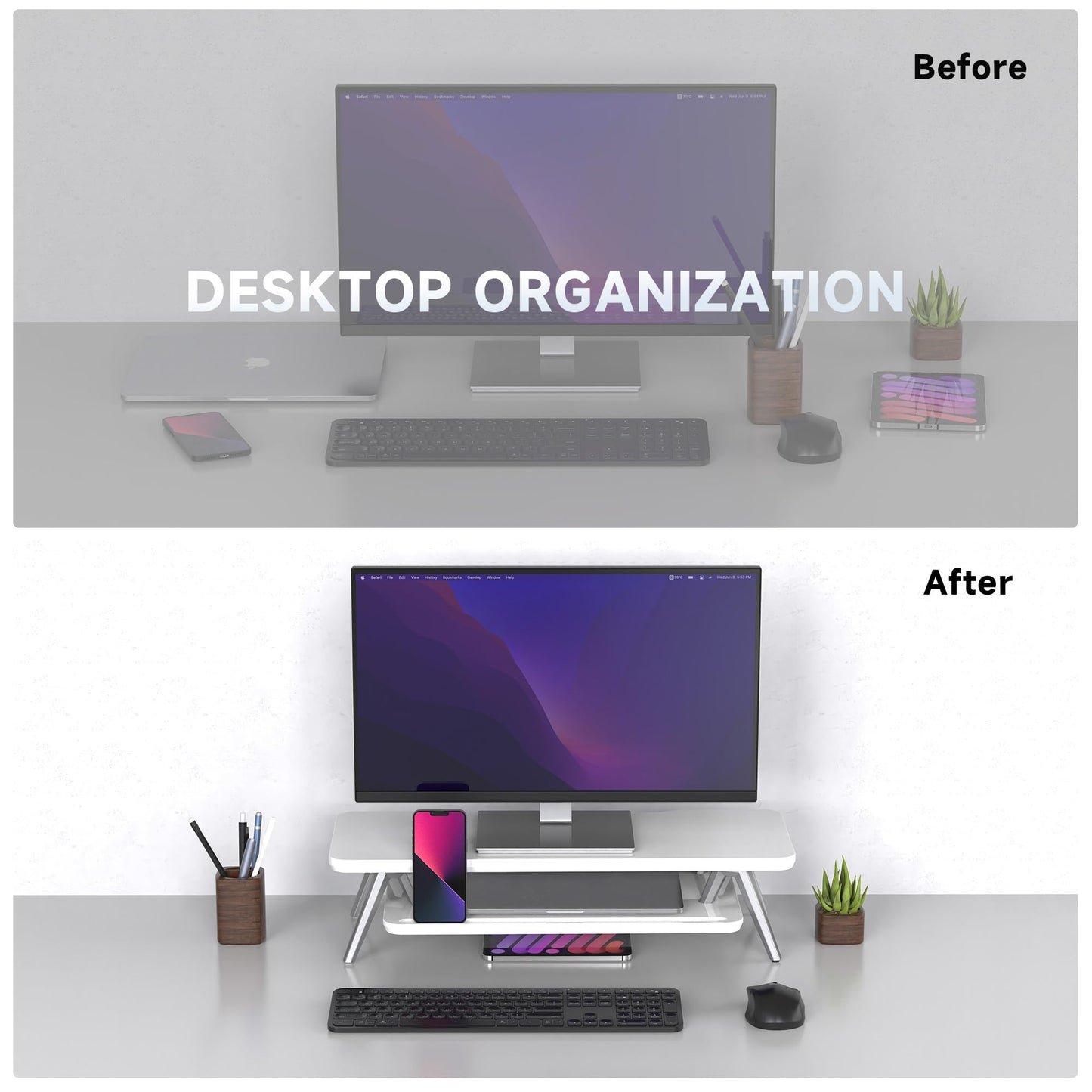 Fenge Monitor Stand, Monitor Stands Riser for Desk, 23.6 Inch Wood Desk Shelf with Storage Organizer and Cable Management for Office Desk Accessories