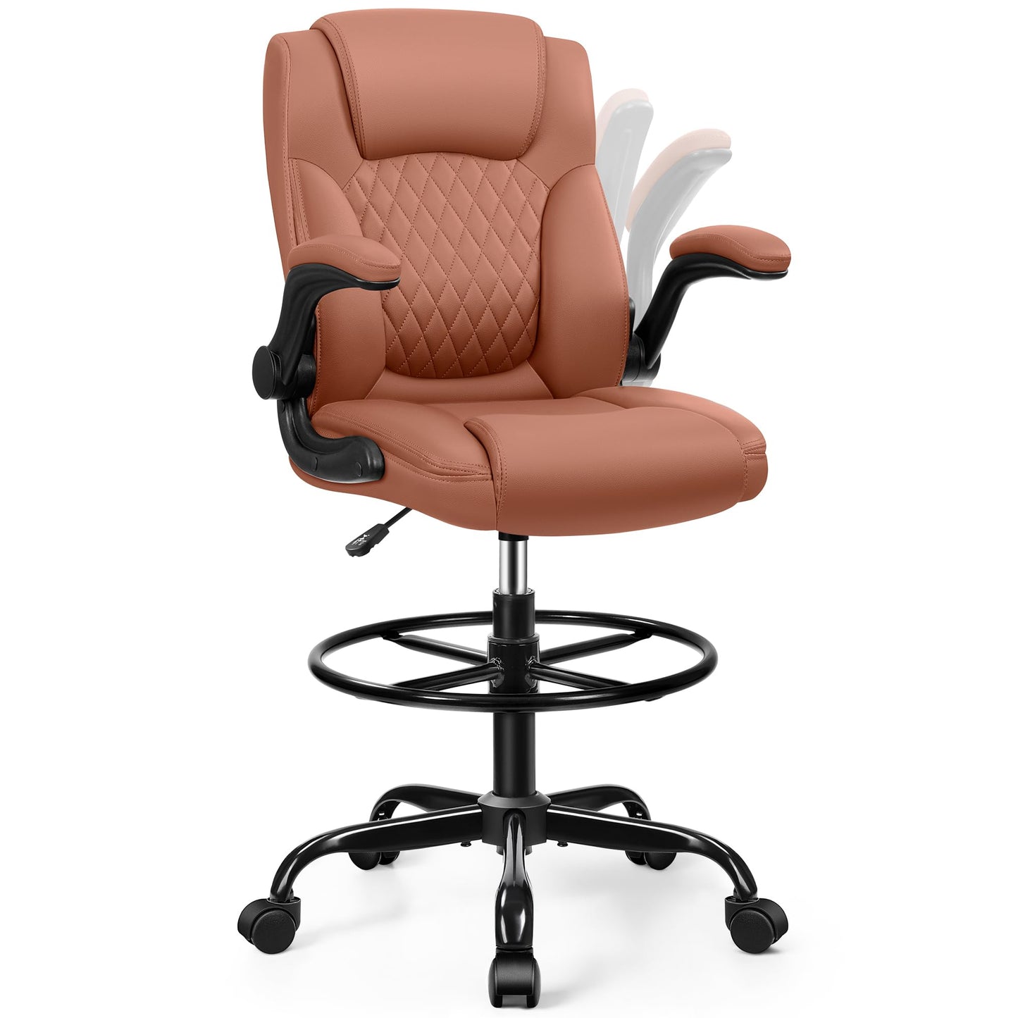Drafting Chair, Tall Office Chair for Standing Desk, High Executive Leather Ergonomic Computer Chair with Adjustable Height and Flip-Up Armrest for Counter Height Desk, Brown, Pack of 1