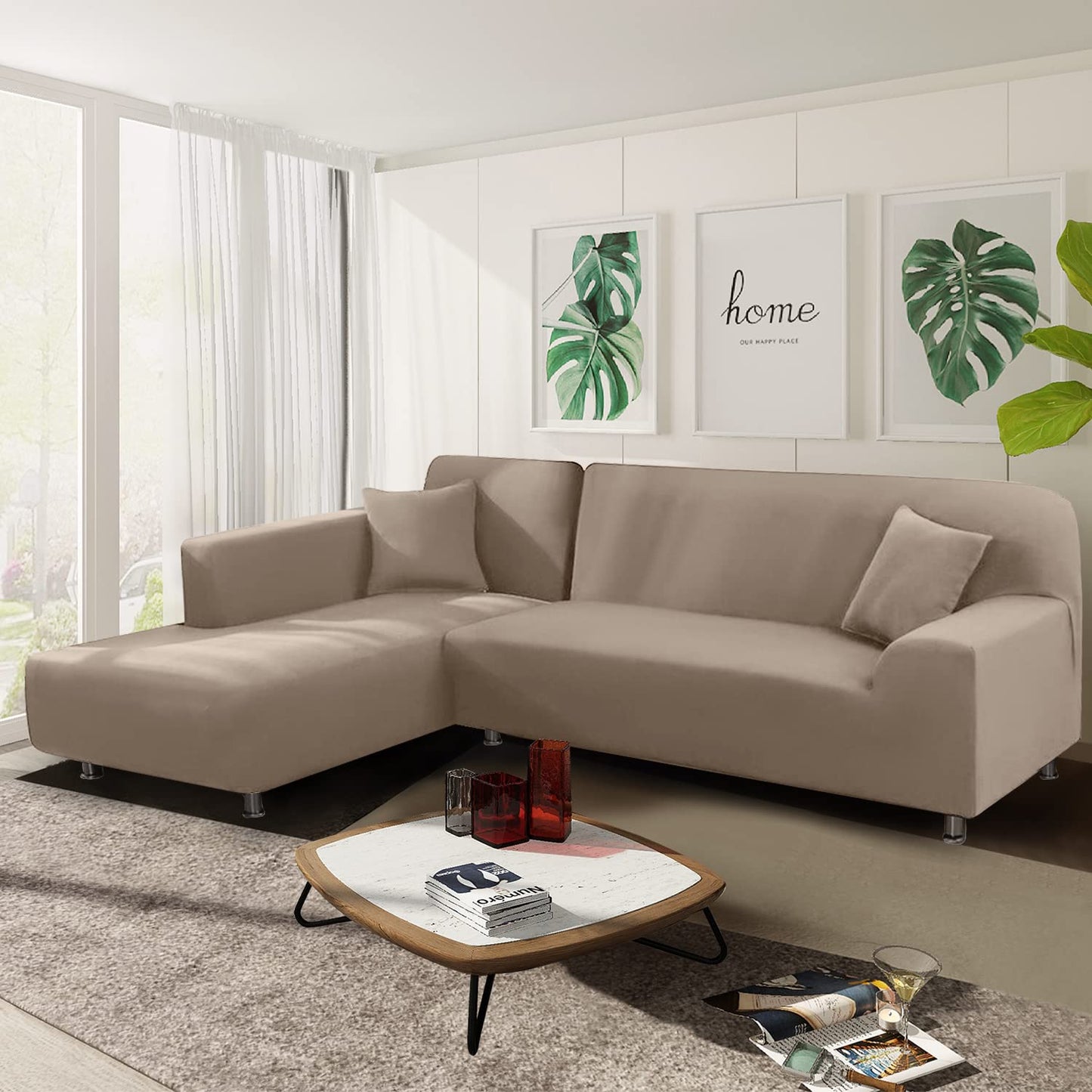 NAISI Couch Cover L Shape 2 Pieces Sofa Cover Soft Stretch Slipcovers with 2pcs Pillowcases Furniture Protector Sectional Couch Covers 3 Seater + 3 Seater(Tan)