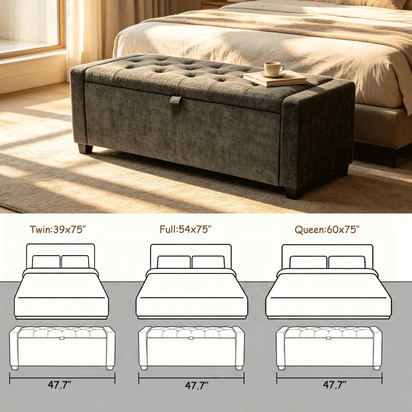 2BYF 47" White Ottoman Bench, Comfort Bed End Storage Bench for Living Room