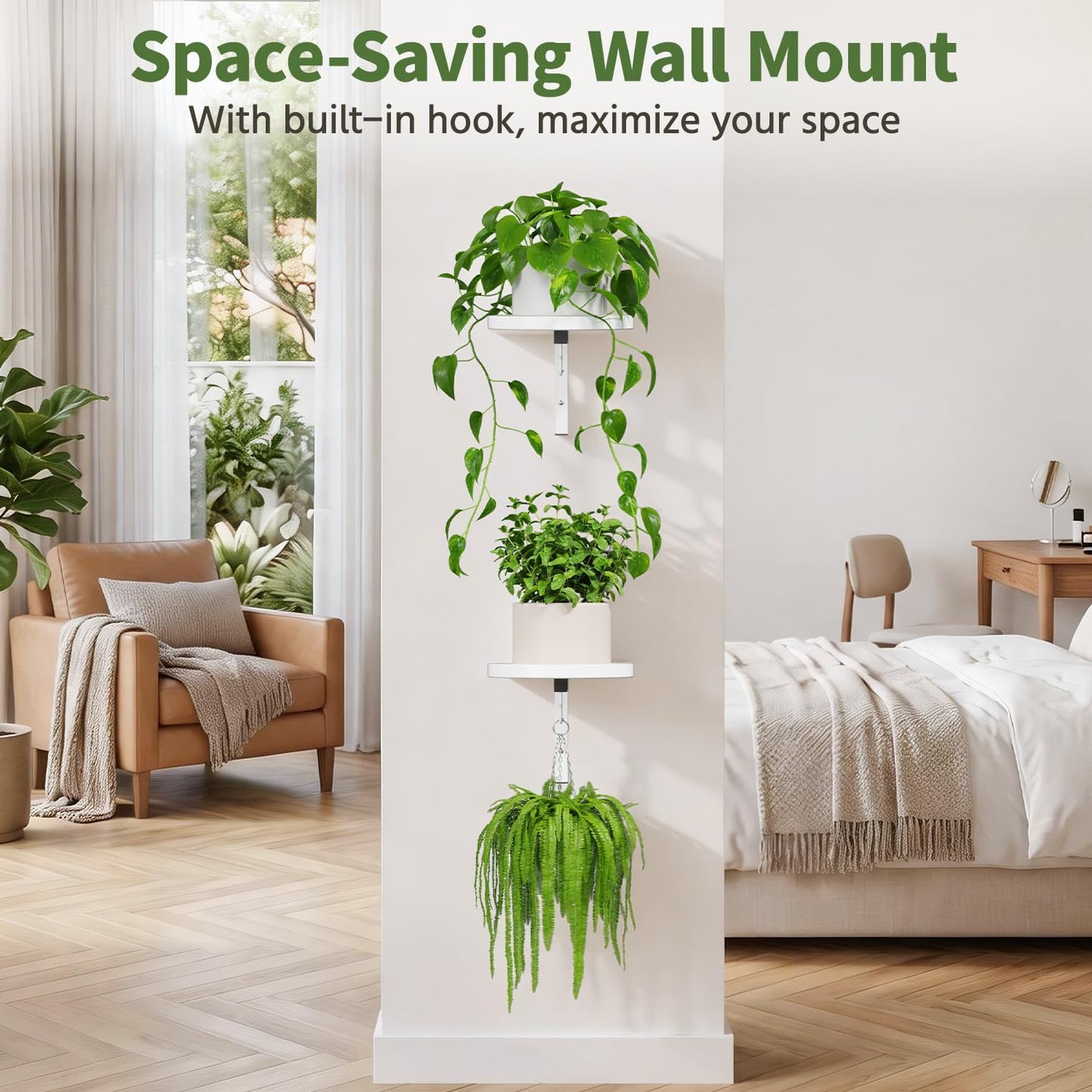 LASZOLA Plant Hangers Holder Wall Mounted Indoor, Metal Window Plant Shelves, 2Pcs Modern Floating Flower Display Stand with 2 Hooks for Outdoor Kitchen Bathroom Decor, White