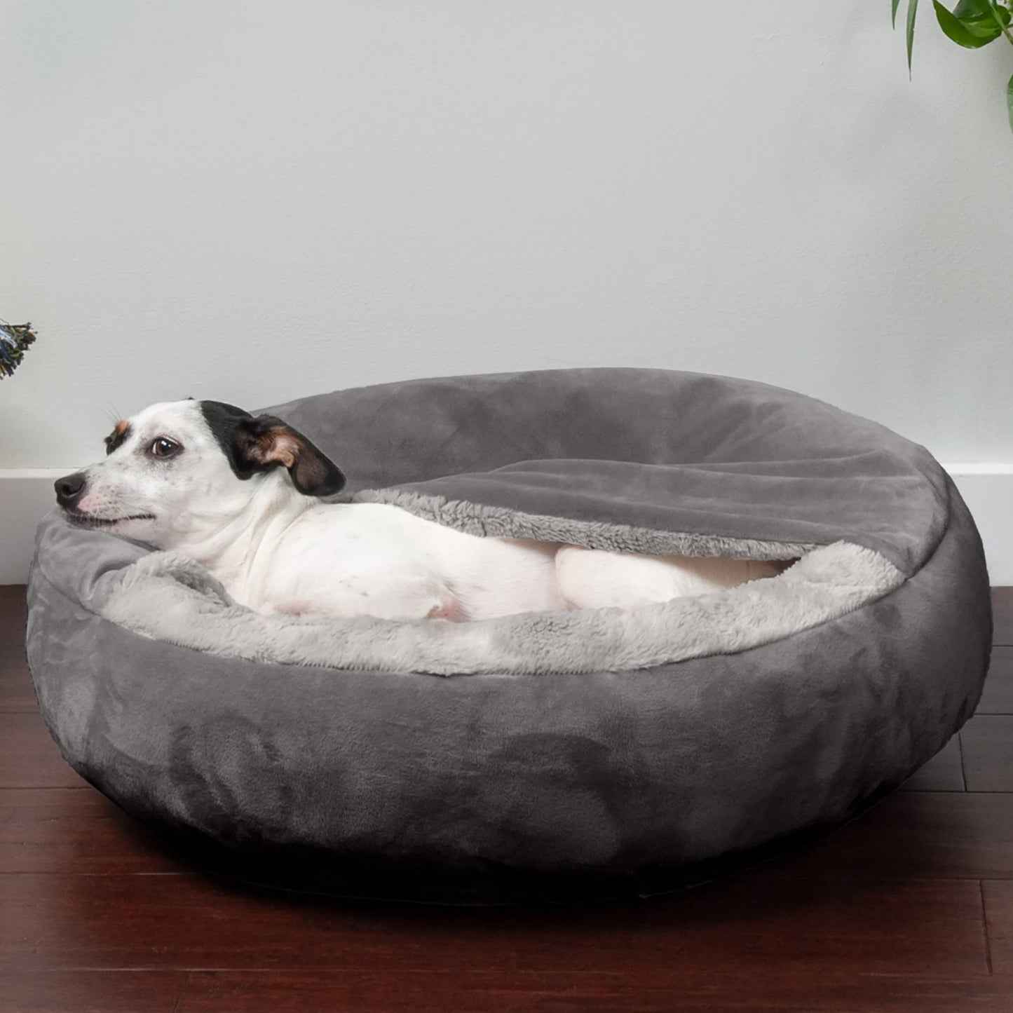 Furhaven 24" Round Calming Donut Dog Bed for Indoor Cats & Small Dogs, Washable, For Dogs Up to 20 lbs - Plush Velvet Waves Hooded Donut Bed - Dark Gray, Small