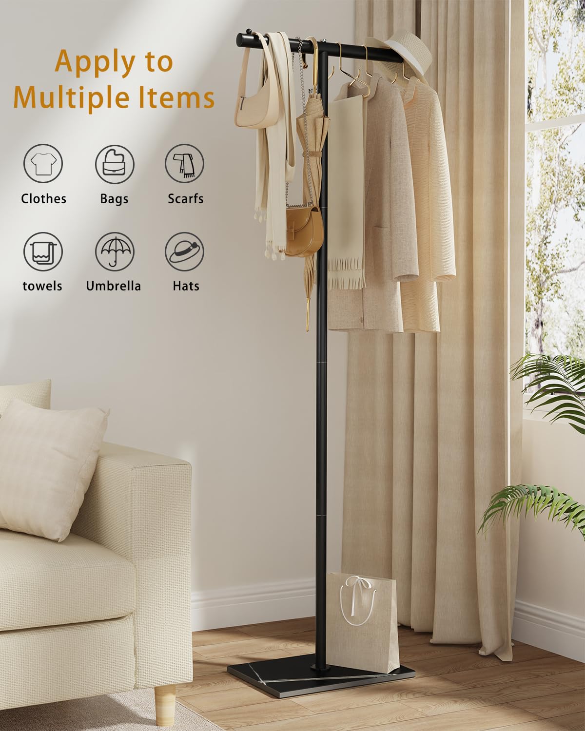 OUTBROS T-shaped Coat Rack Freestanding, Modern Clothes Rack with Rock Slab Base, Heavy-duty Metal Coat Hanging Rack for Boutiques, Hallway, Entryway, 68.9 Inches High, Black