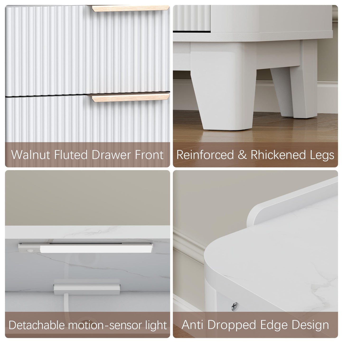 Baoz White Fluted Nightstand with Charging Station & 2 Drawers for Bedroom