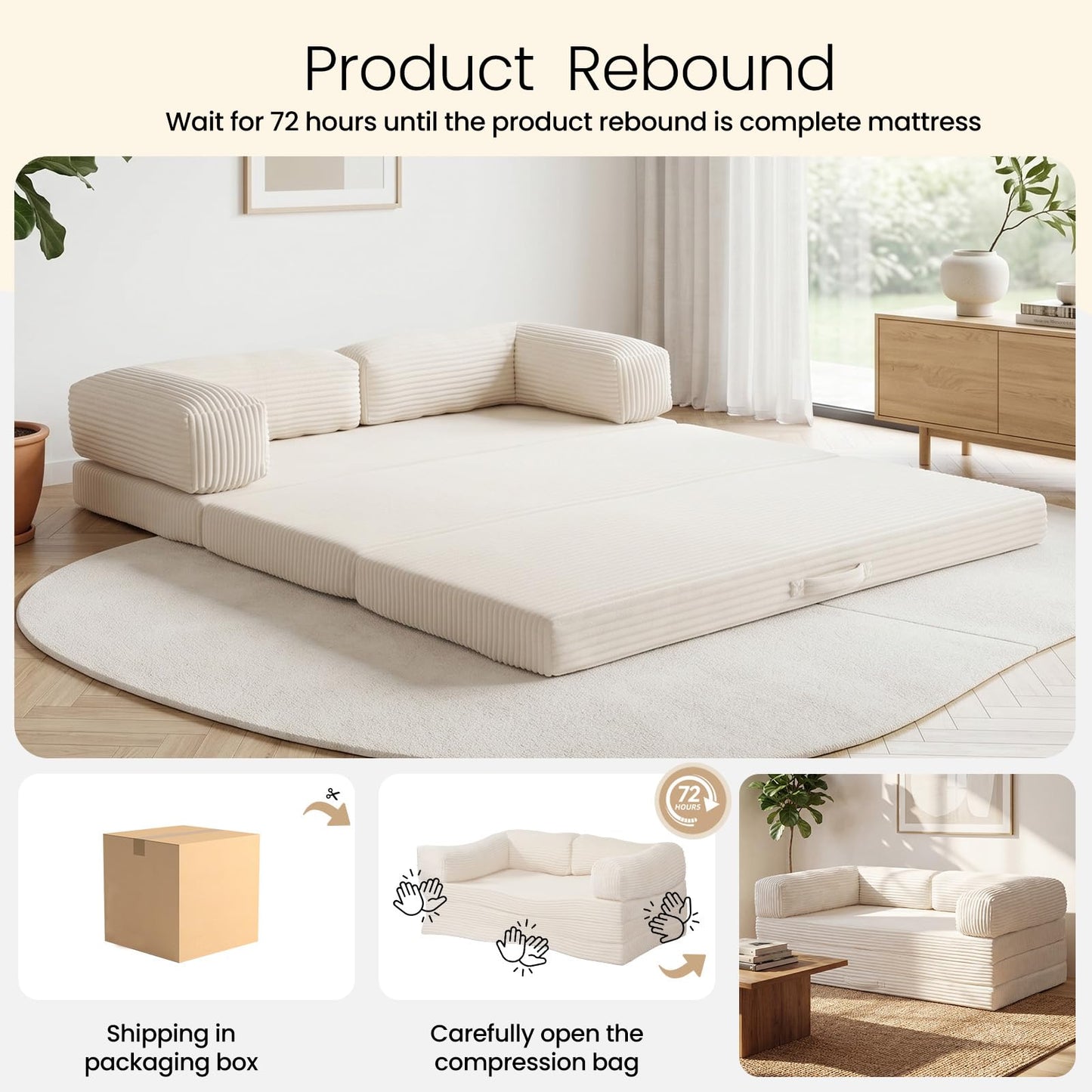 Erament Convertible Sofa Bed, Tri-Folding Mattress Queen with Removable Armrests & Washable Cover, Foldable Small Pull Out Couch Bed with High-Density Foam, Beige