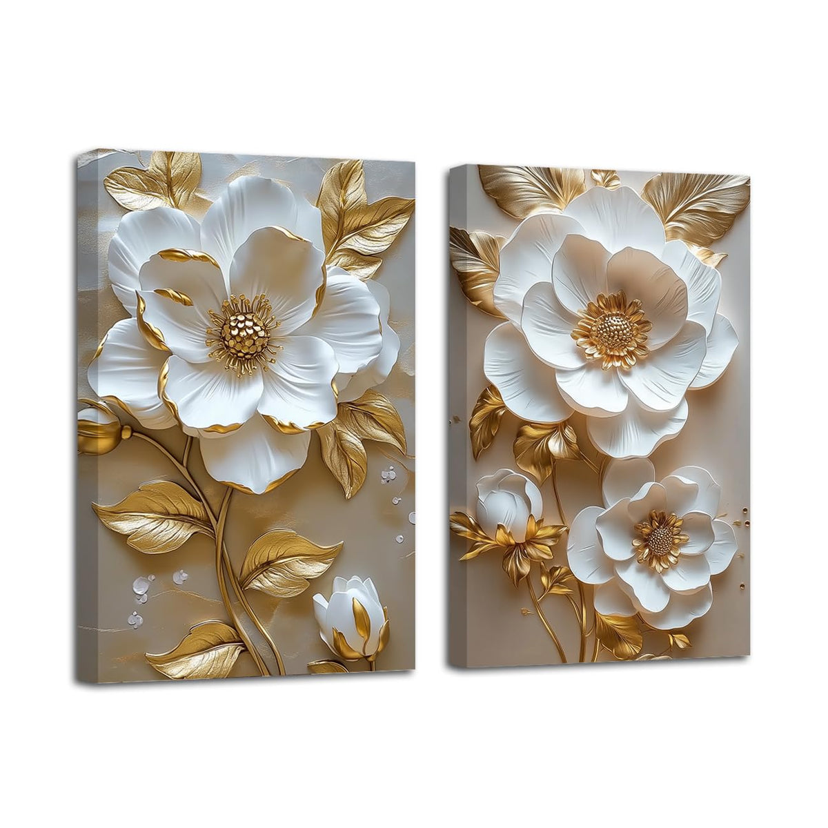 LZIMU White and Gold Flower Canvas Wall Art Elegant Golden Floral Leaves Painting Prints Abstract Floral Pictures Wall Decor for Living Room Framed (11x14inchx2 Pieces)