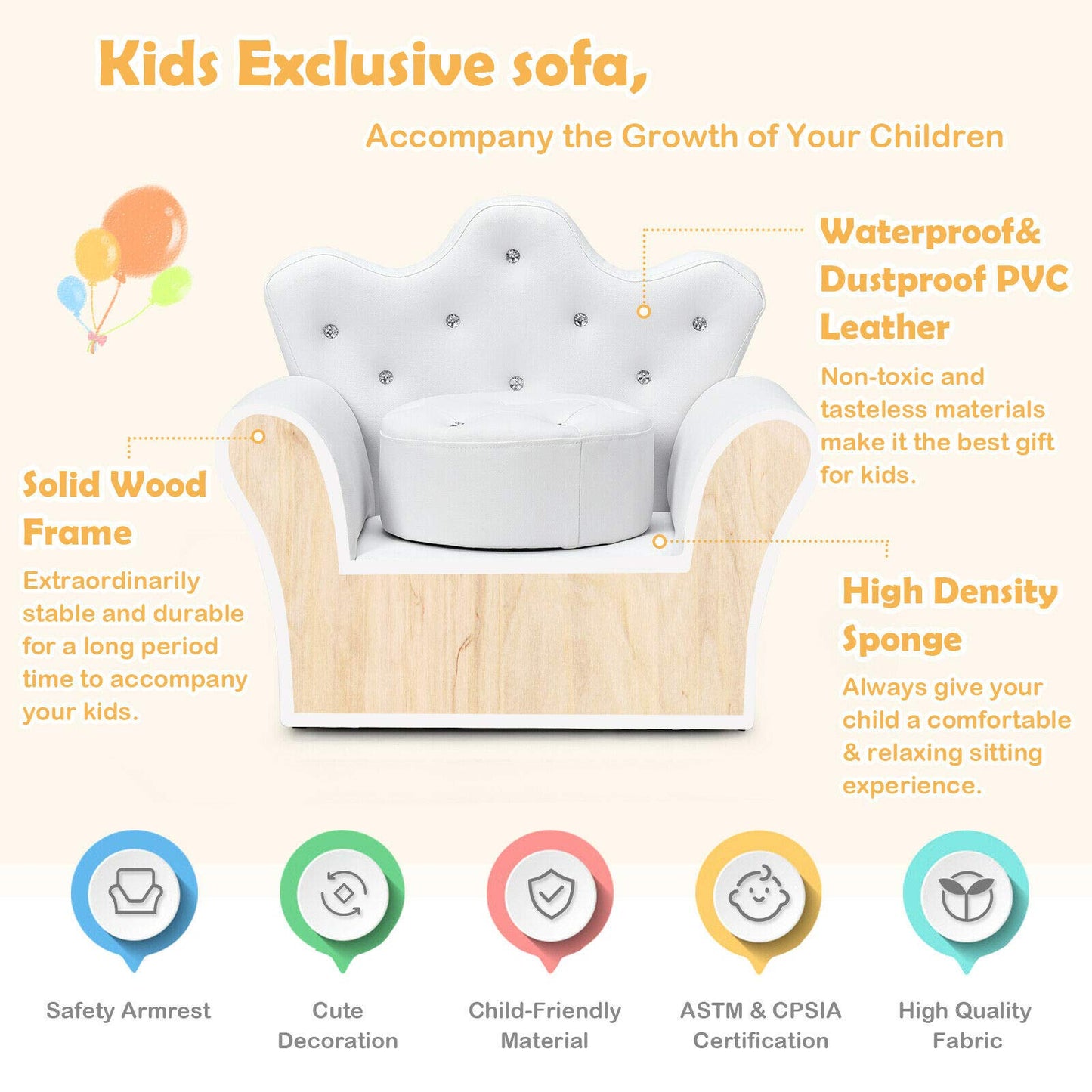 Costzon Kids Sofa, Children Upholstered Sofa with Ottoman, Princess Sofa with Diamond Decoration, Ottoman, Smooth PVC Leather Toddler Chair, Kids Couch for Preschool Boys and Girls Gift (White)