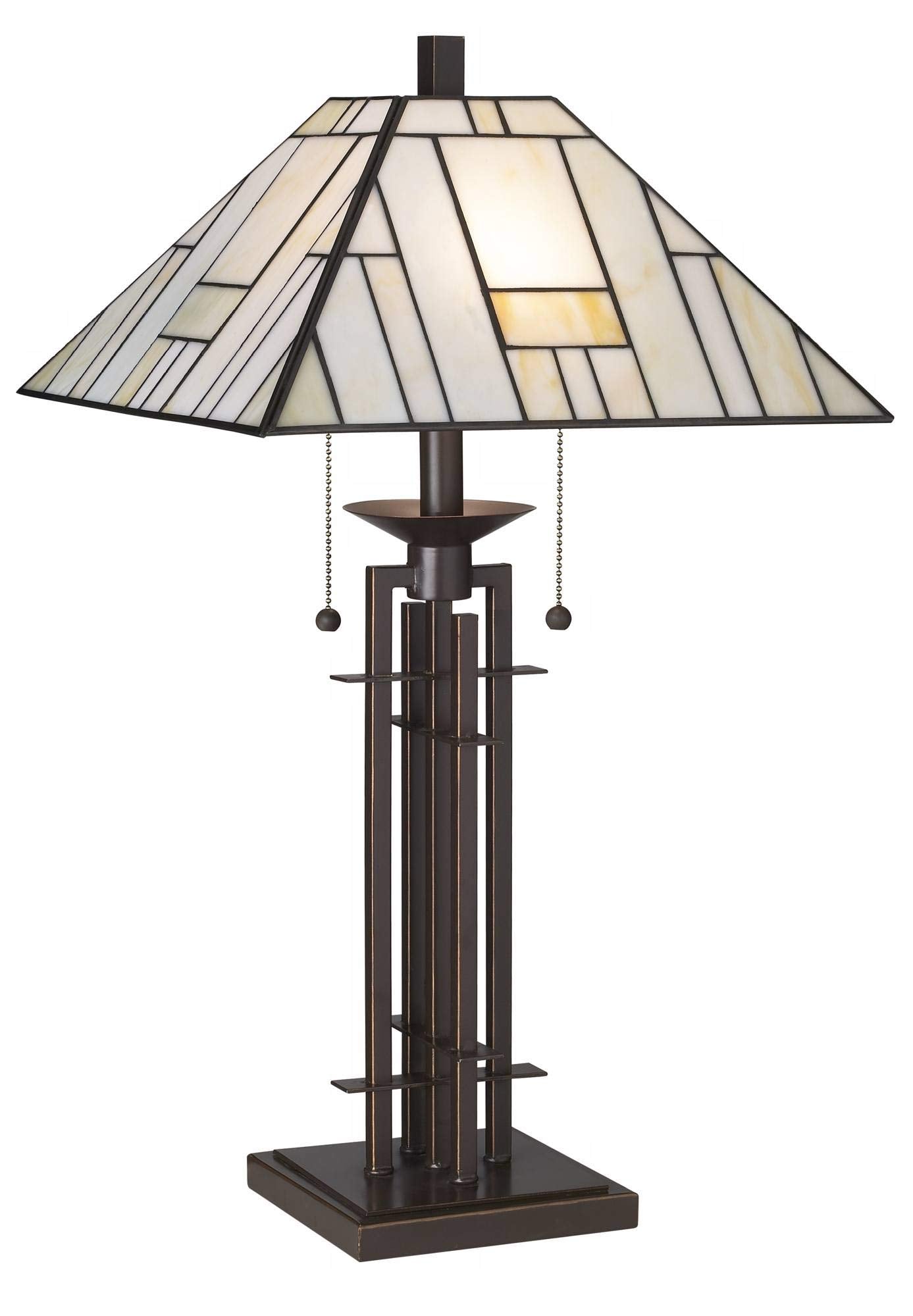 Franklin Iron Works Mission Tiffany Style Table Lamp Art Deco 26.25" High Wrought Iron Dark Bronze Brown Gold White Stained Glass Shade for Living Room Bedroom House Bedside Nightstand Home Office