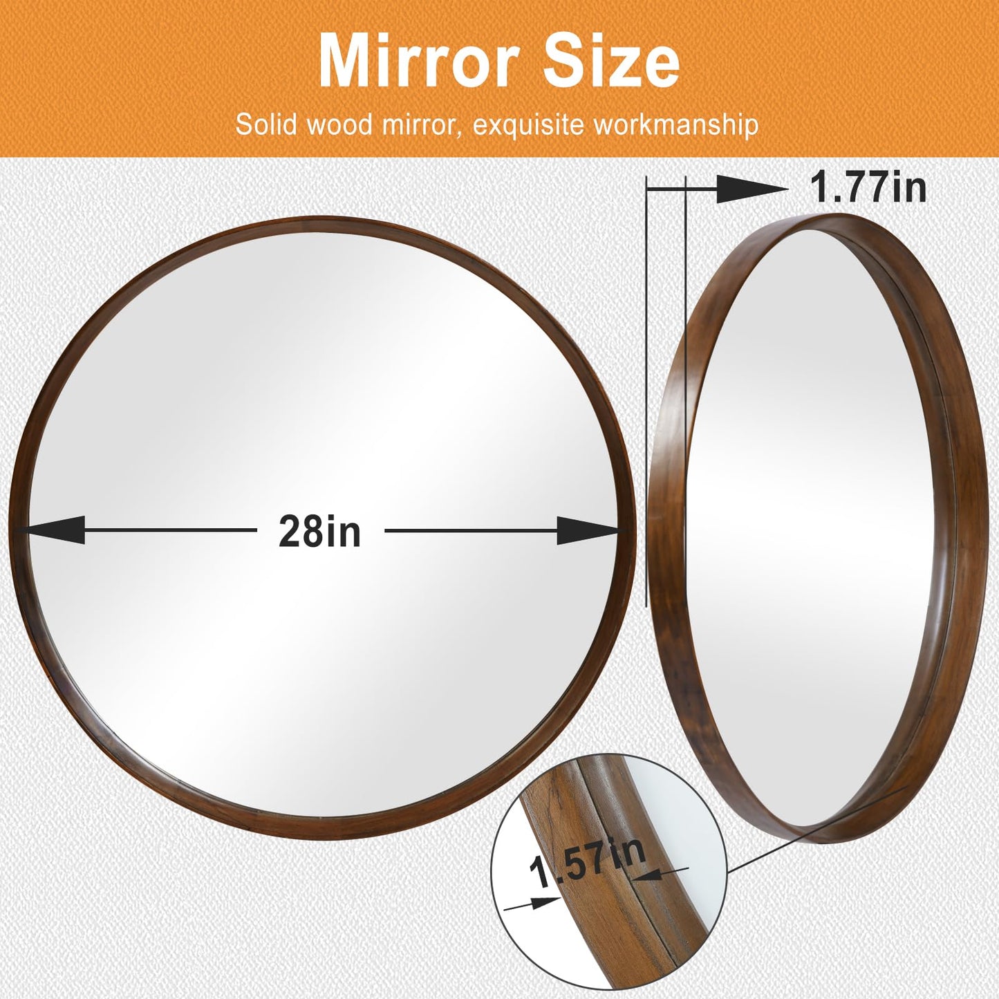 FRUMENSHIP Round Wood Frame Mirror 28 Inch, Brown Wall Circle Mirror for Bathroom, Nursery, and Wall Decor