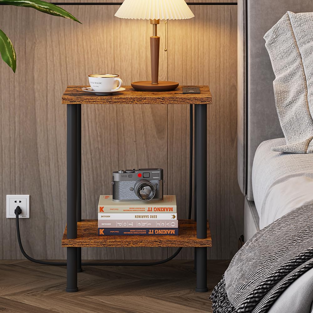 VIMBER Side Table with Charging Station, Set of 2 End Tables with USB Port and Outlets, Nightstands with 2-Tier Storage Shelves and Metal Legs, Sofa Table for Small Space, Living Room, Bedroom