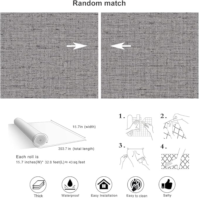 Grey Contact Paper Peel and Stick Wallpaper 32.8ft Pre-Pasted Grasscloth