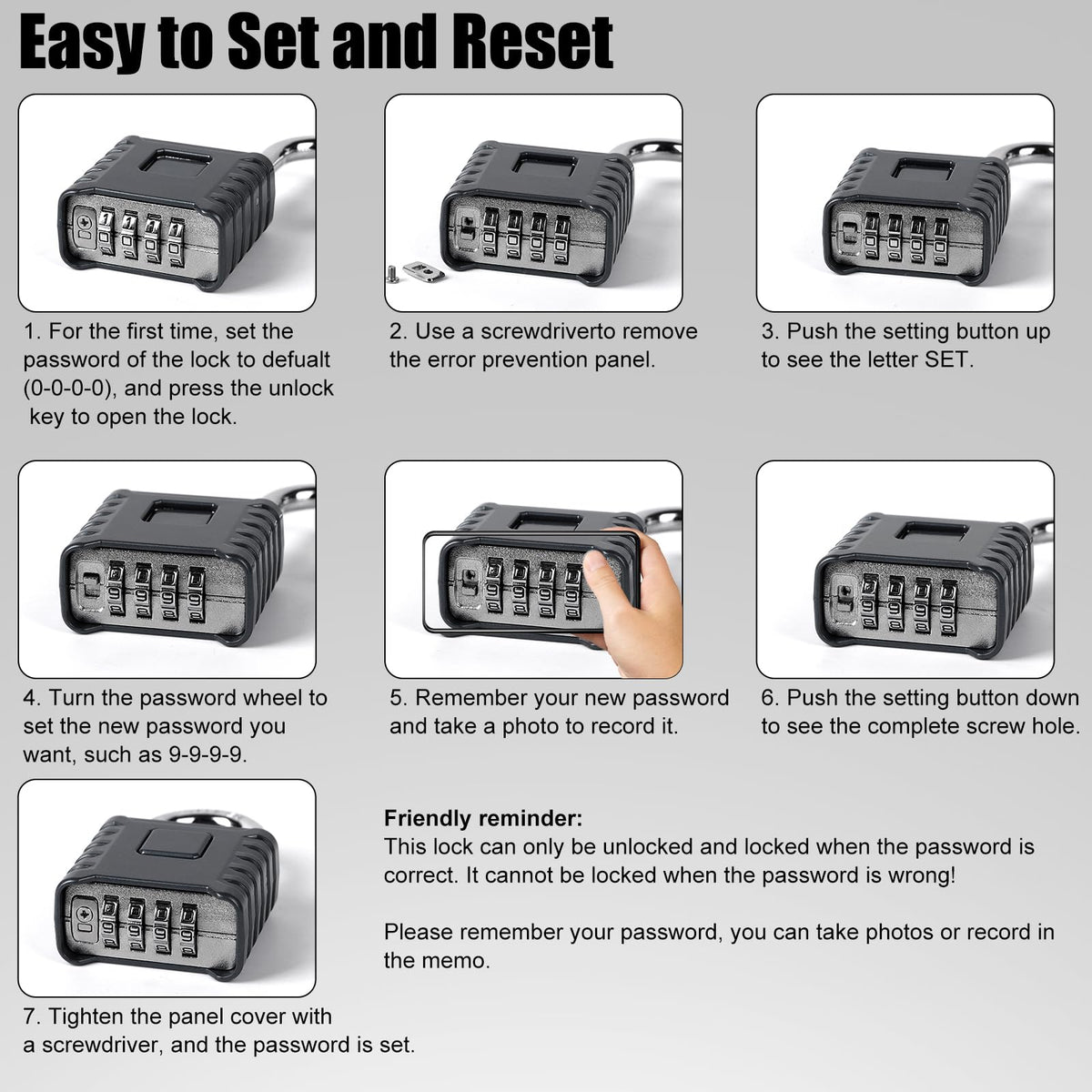 1 Pack disecu Large Heavy Duty 4 Digit Combination Lock, One Touch Unlocking, Anti-Error Feature, High Security Outdoor Waterproof Padlock for School Gym Locker, Fence, Gate, Storage Unit (Black)