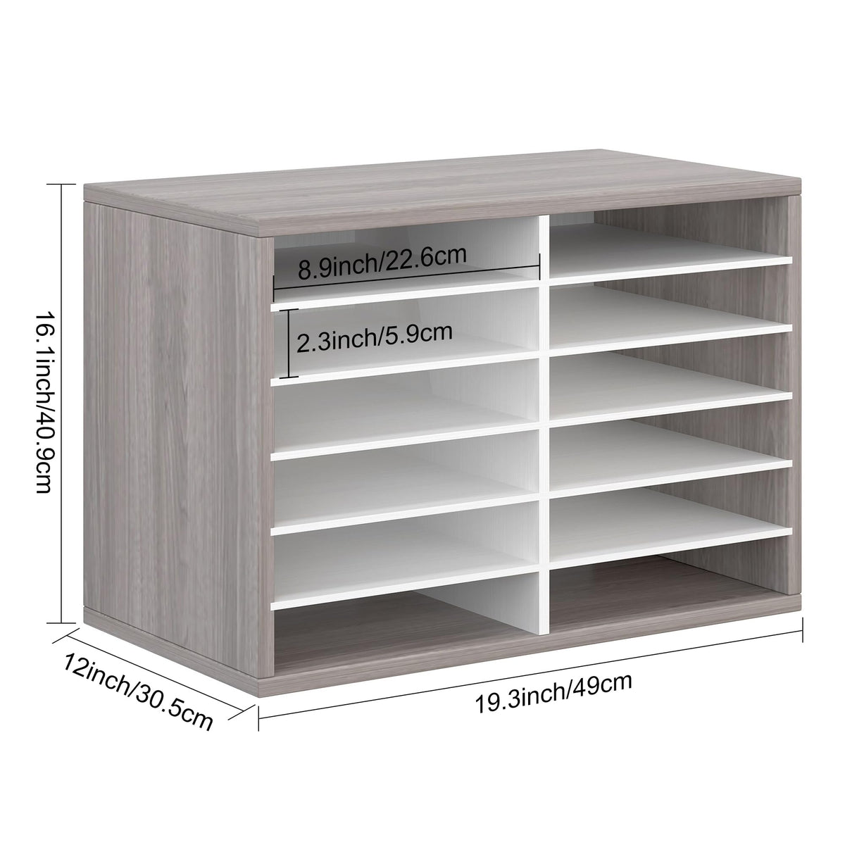 EasyPAG 12 Compartments Wooden Literature Organizer with Adjustable Shelves, 6000 Sheets Capacity Paper Organizer, Classroom Mailbox and Mail Sorter for Teachers and Office, Retro Gray/White