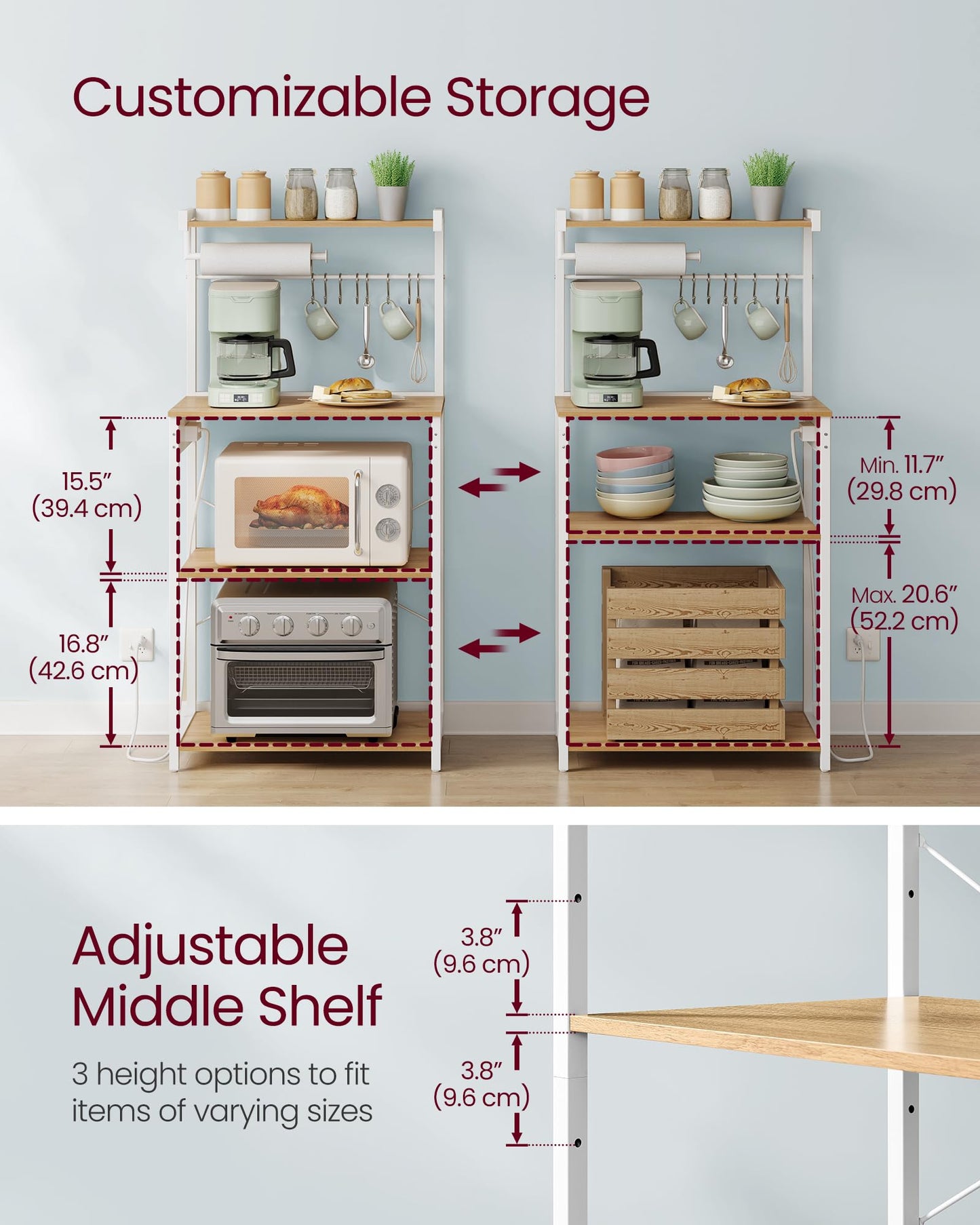 VASAGLE BARNET Collection - Kitchen Bakers Rack with Power Outlet, 23.6-Inch Wide Coffee Bar 4-Tier with 8 S Hooks, Modern Microwave Stand, Adjustable Shelf, Golden Oak and Cloud White UKKS014Y01V1