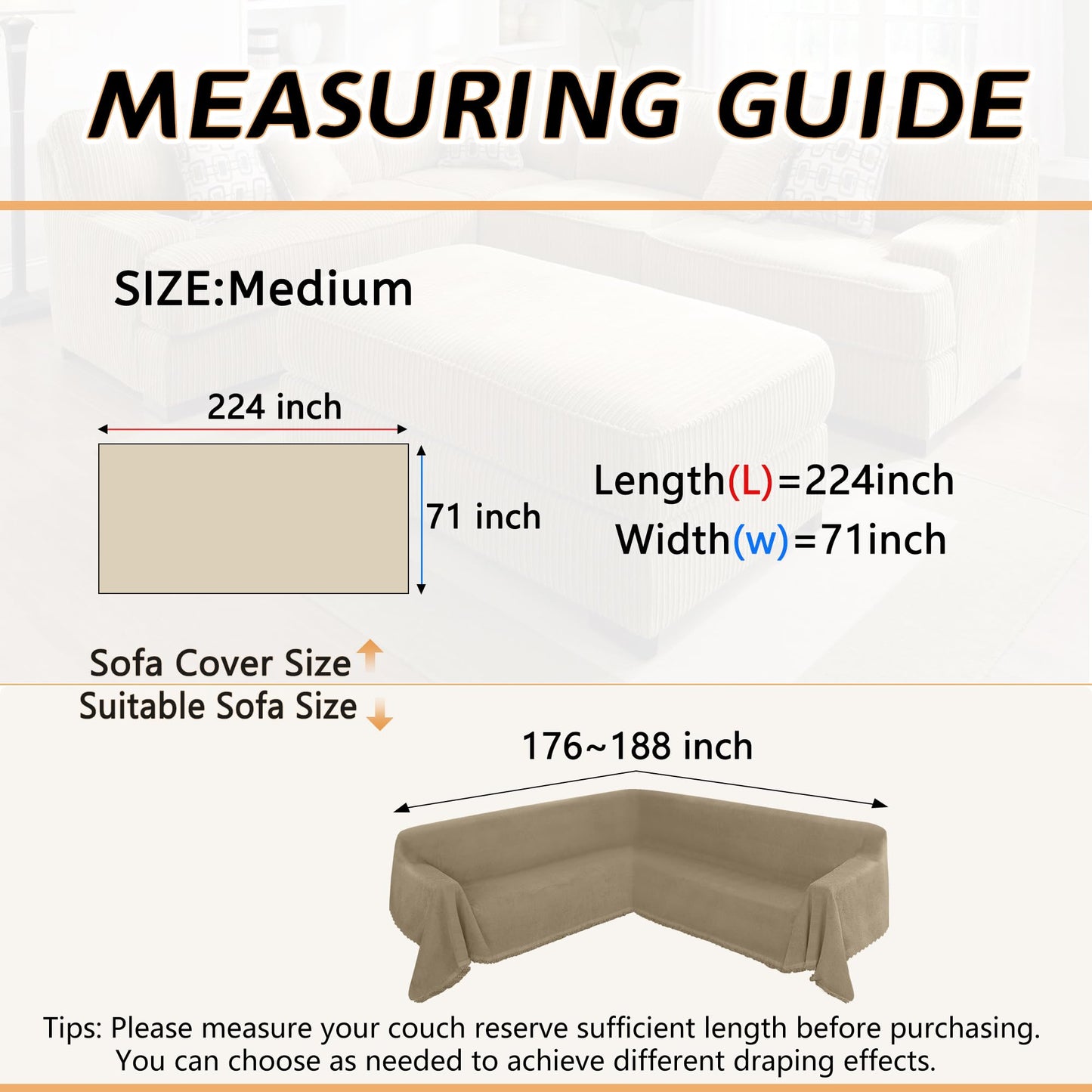 Arfntevss Corner Sectional Couch Covers L Shape Plush Sofa Cover with Tassel Thick Soft Couch Cover for Sectional Sofa U Shaped Slipcovers Washable Dog Furniture Protector (71" x 224", Khaki)