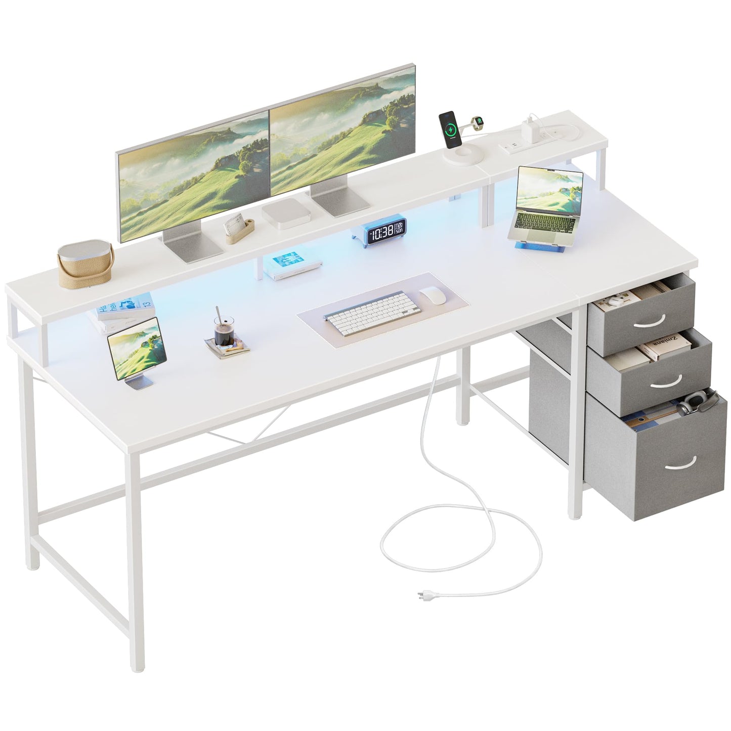 Mericonia 63 inch Computer Desk with Storage Drawers & Monitor Stand, Reversible Gaming Desk with LED Lights & Power Outlets, Large Gaming Table for Home Office
