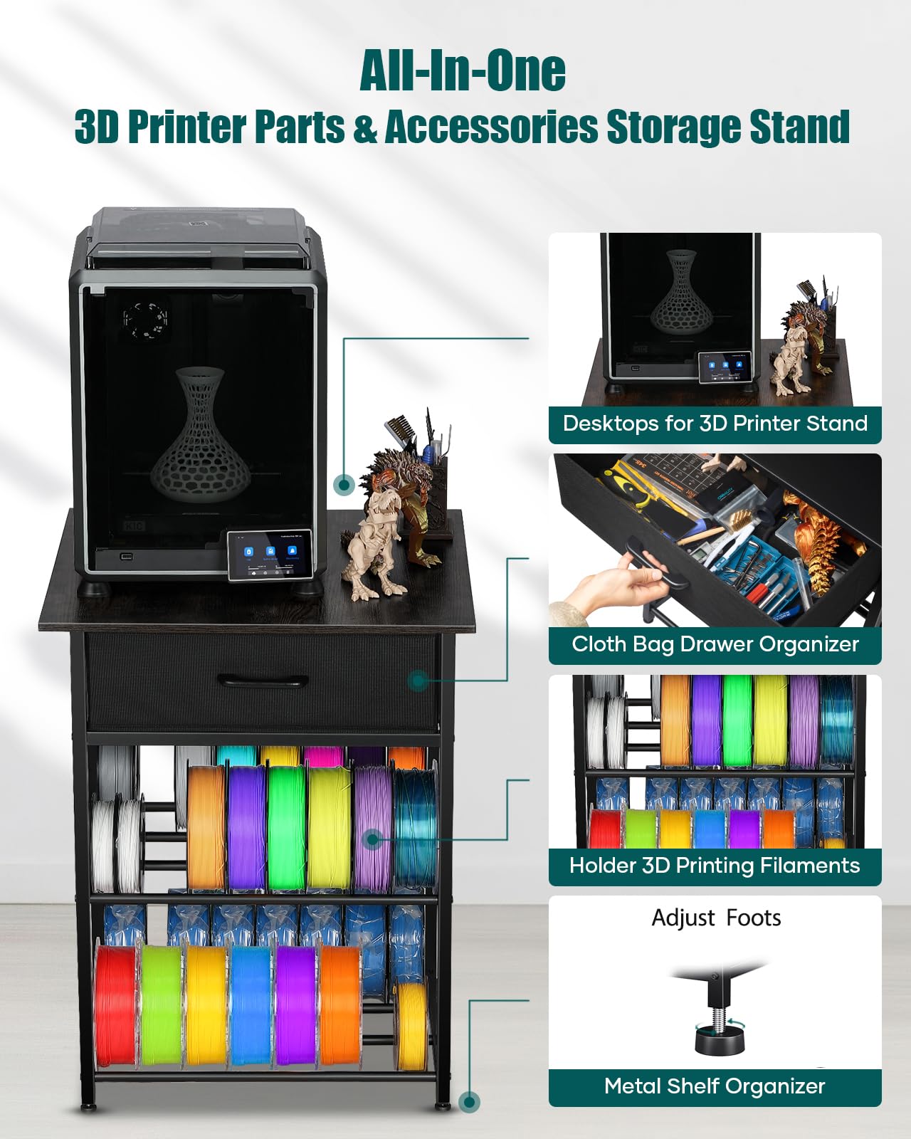 AHOWPD 3D Printer Table with Filament Storage - 3D Printer Stand Shelf Filament Storage Rack Heavy Duty 3D Printer Desk with Drawer for Workshop Studio Office