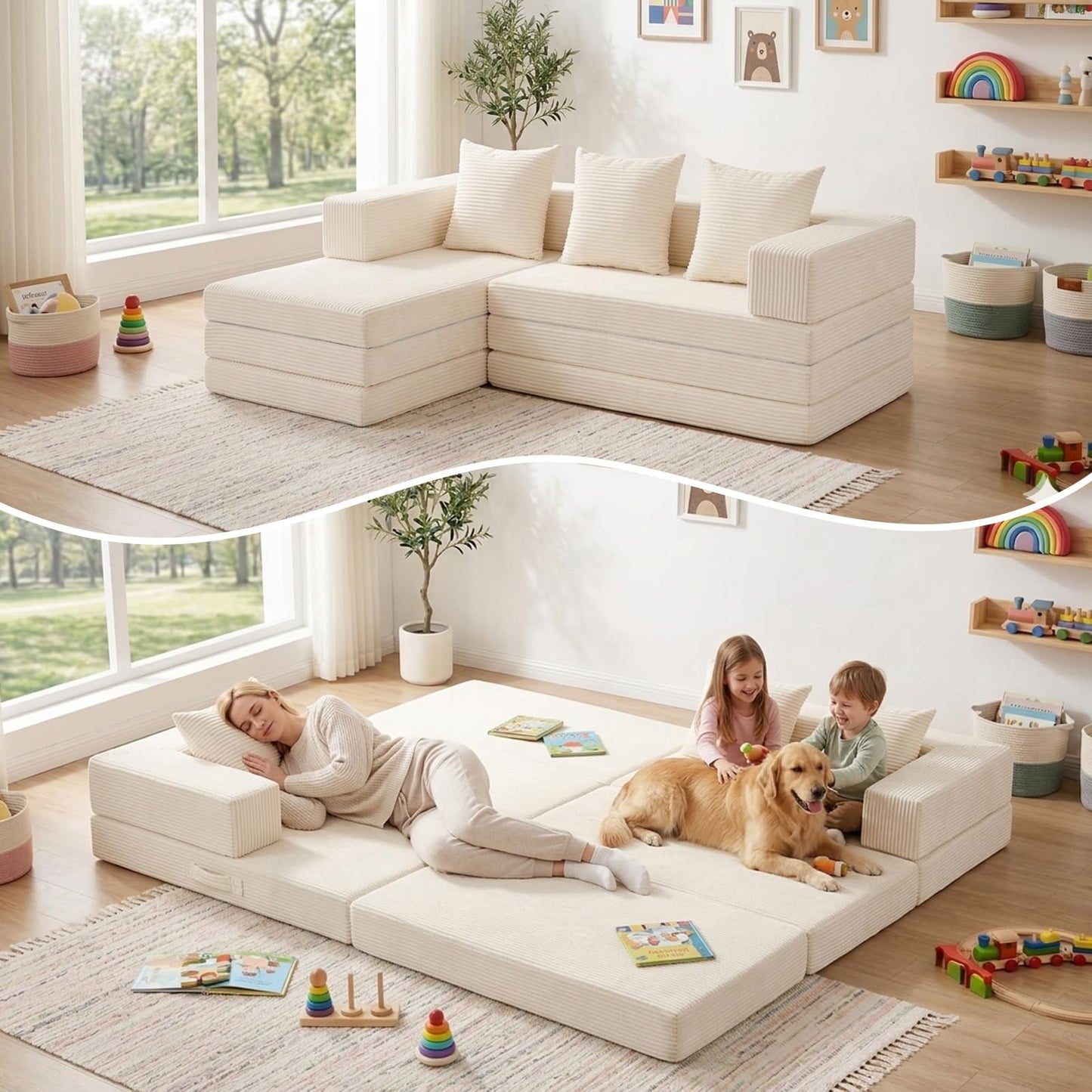 65" Boneless Couch,Convertible Sleeper Sofa Bed, Modular Sectional Sofa, Modern Tri-Folding Cloud Couch with L-Shape Chaise, Corduroy Futon Couches for Small Spaces Apartment,No Assembly