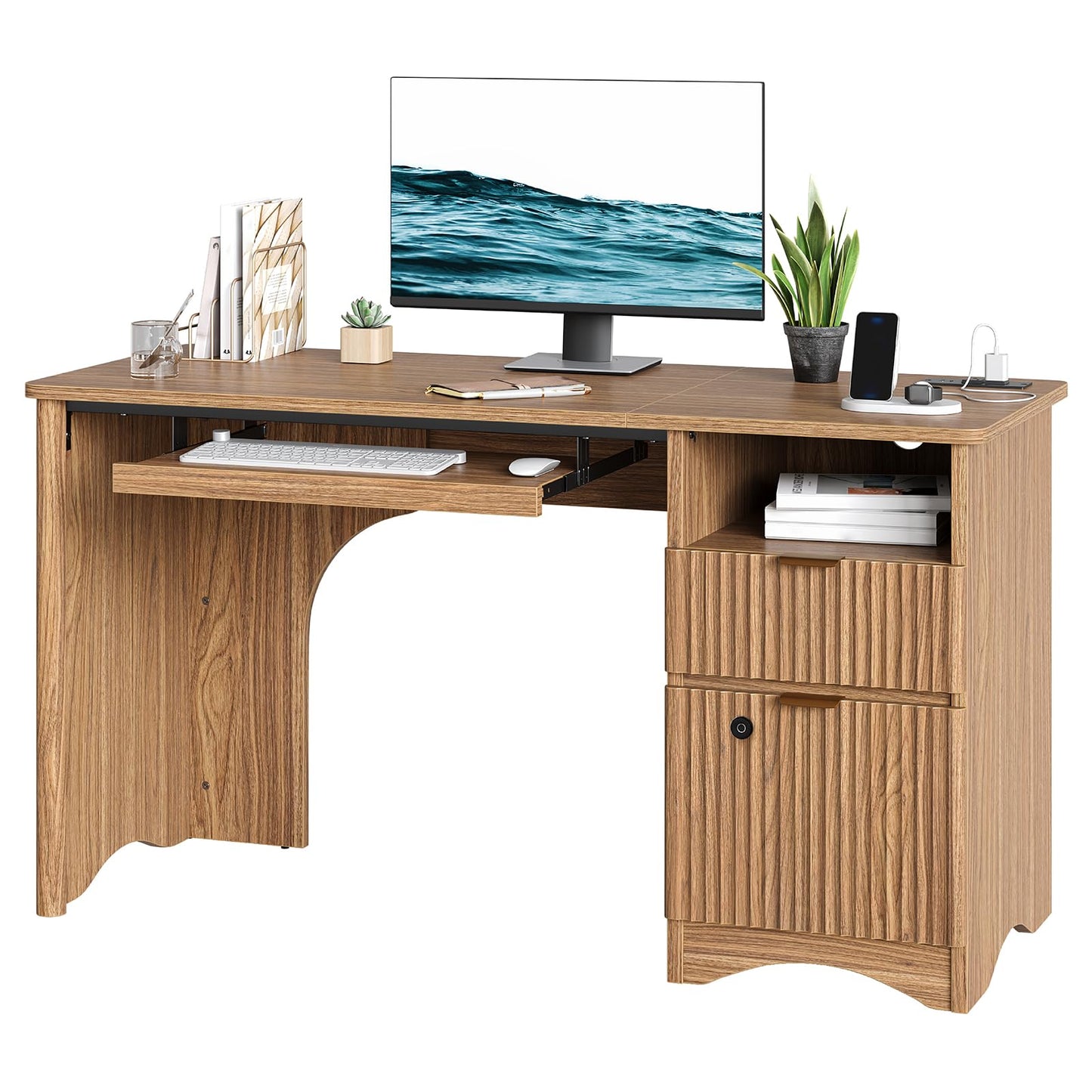 Bestier 55 Inch Wood Computer Desk with Fingerprint Lockable Drawers and Keyboard Tray,Modern Home Office Desk with File Drawer & Charging Station, Oak Wooden Desk for Work, Brown