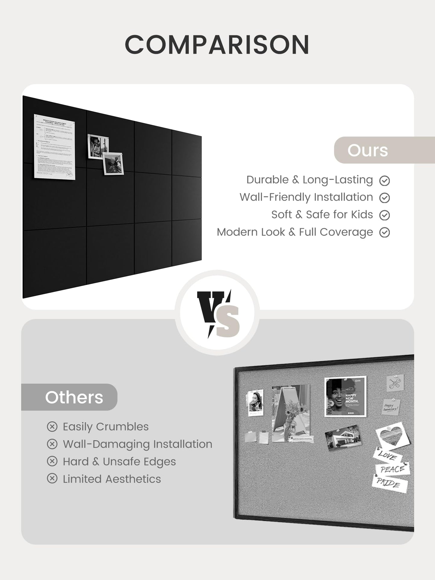 Bumusty Large Cork Board 48" x 36" Alternative - 12 Pack Felt Wall Tiles with 70 Safe Removable Adhesive Tabs, 30 Pushpins, Cork Boards for Walls Pin Board Bulletin Board Office Decor (Black)