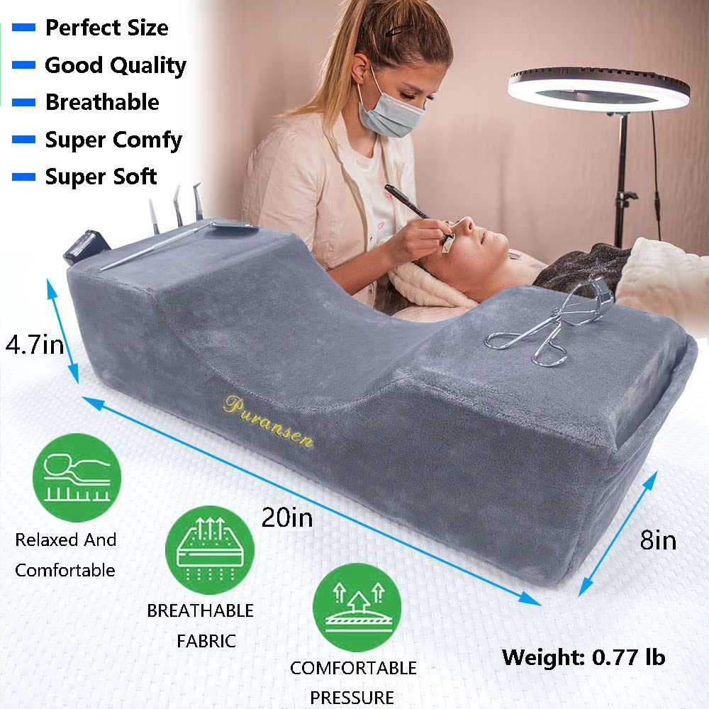 Puransen Eyelash Extension Pillow - Salon Memory Foam Neck Support with Velvet Cover, Portable Lash Technician Pillow for Professional Makeup Artists & Home Use (Grey)