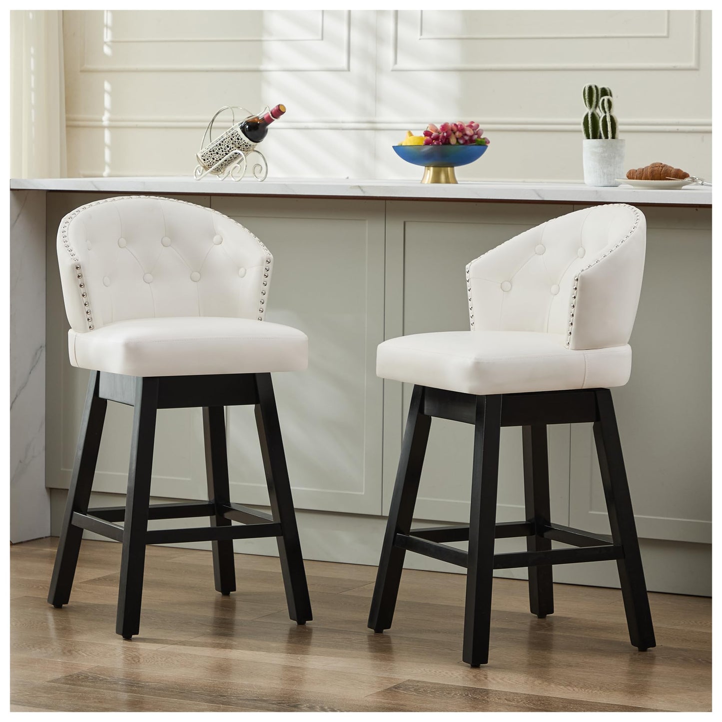 UDAX 26''Swivel Bar Stools Set of 2, Upholstered Barstools with Backs, Modern Counter Height Bar Stool Chairs for Kitchen Island, Wood Legs, Counter Stools