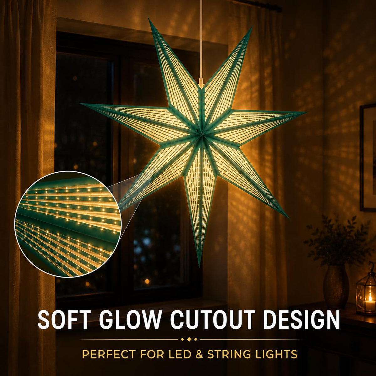 GalaxyArts 7-Point Paper Star Lantern - Striped Cutout Hanging Light Decoration - Foldable Star Lamp Shade for Home, Party, Christmas, Wedding Décor - Indoor/Outdoor Hanging Star(Turquoise)