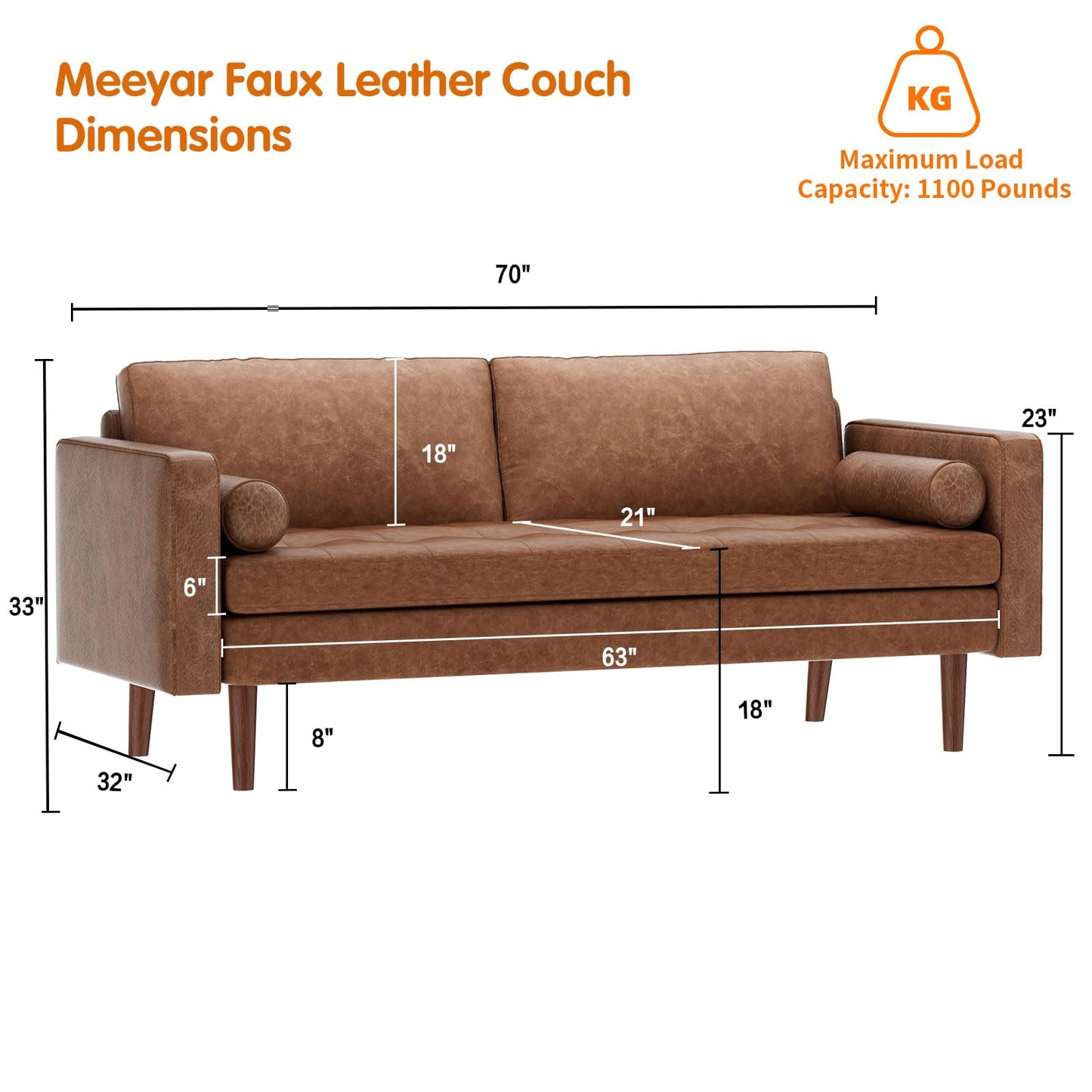 Meeyar 70" Mid-Century Modern Faux Leather Sofa, Comfortable Button Tufted Loveseat Couch with Bolster Pillows & Solid Wood Legs for Living Room, Apartment, Office, 1100lbs Capacity, Brown