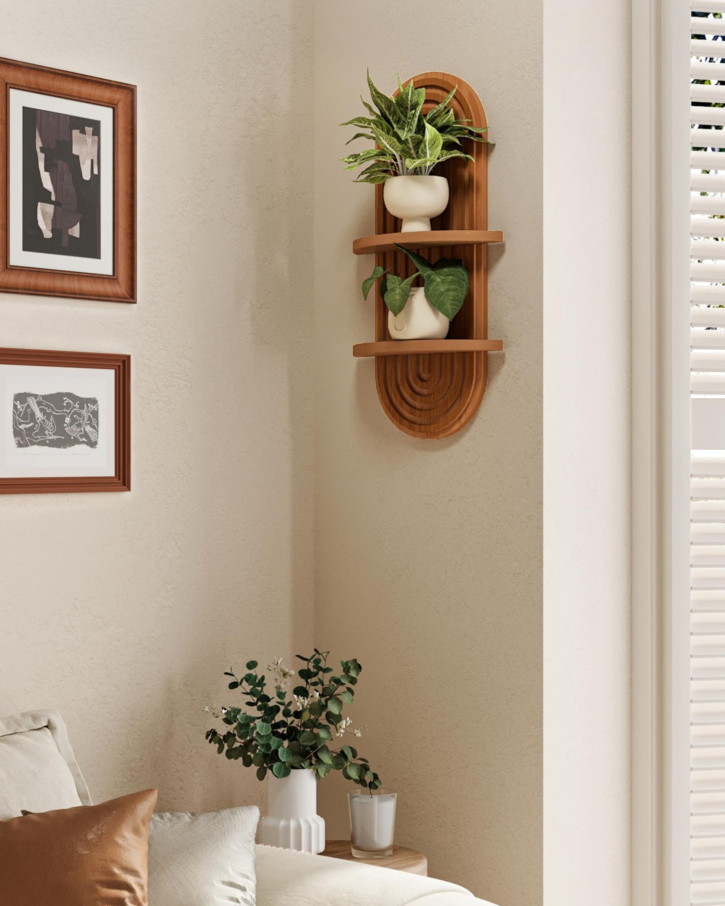 Bamworld Plant Wall Shelf Boho Wall Decor Brown Hanging Plant Shelf Mid Century Modern Decor 2-Tier Wooden Floating Shelves for Home, Bathroom Living Room Office Holding Planter Decoration, 1Pcs